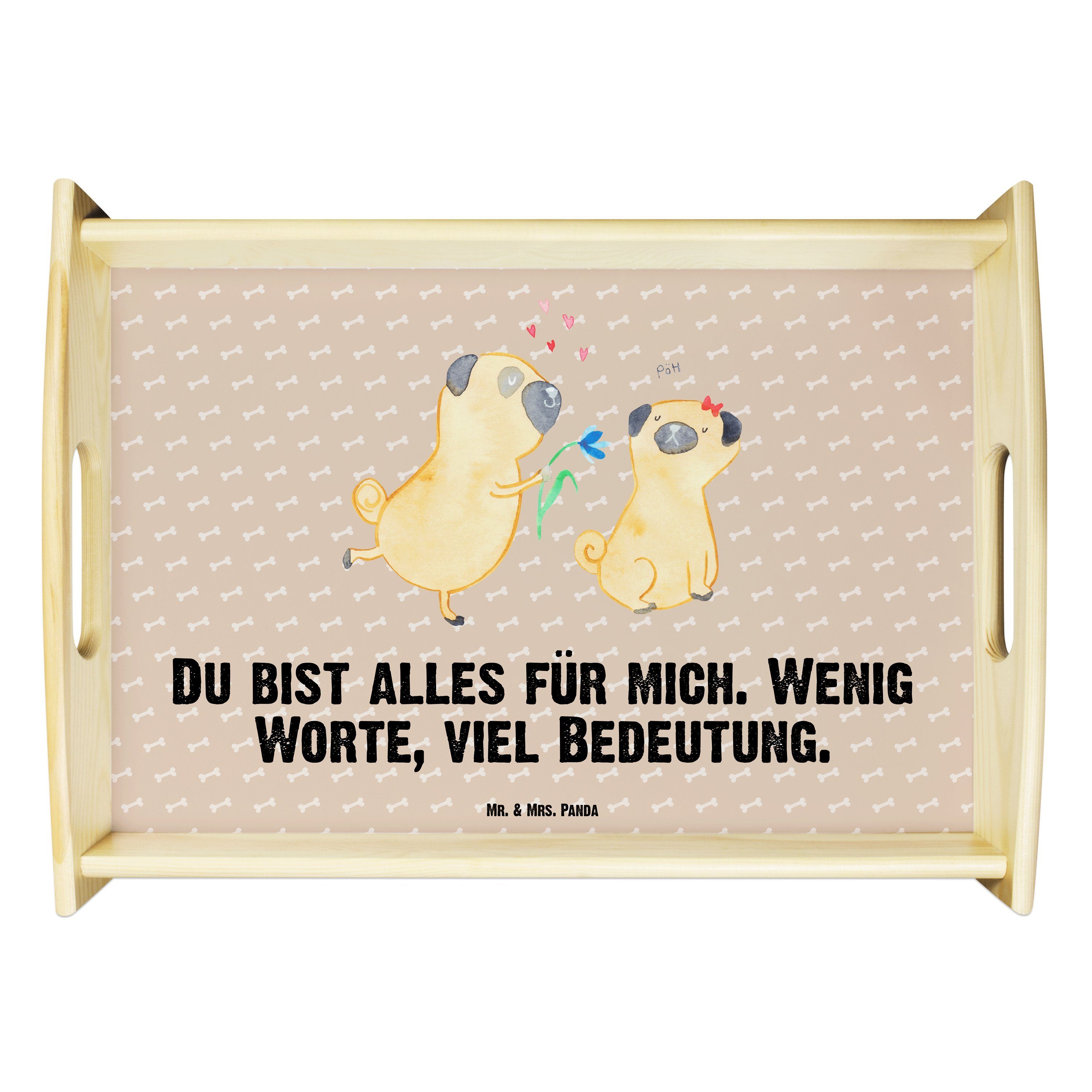 Mr. & Tablett - Mops lasiert, verliebt Panda Mrs. Geschenk, Hunderasse, Tablett, Hundebesi, Echtholz - Hundeglück (1-tlg)