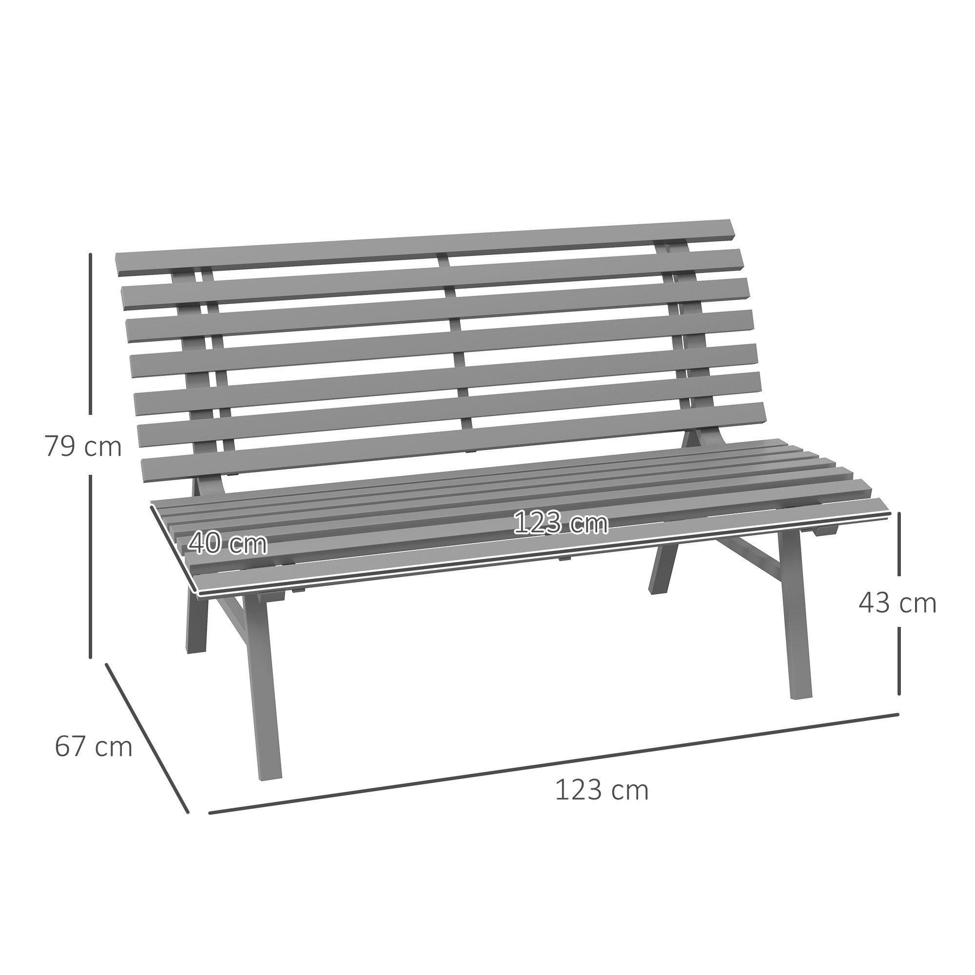 Outsunny Gartenbank Alu, UV-Beständig, mit Lamellen-Design, Parkbank, 240kg belastbar (Sitzbank, 1-St., Balkonbank), Alu, 123 x 67 x 79 cm, Grau