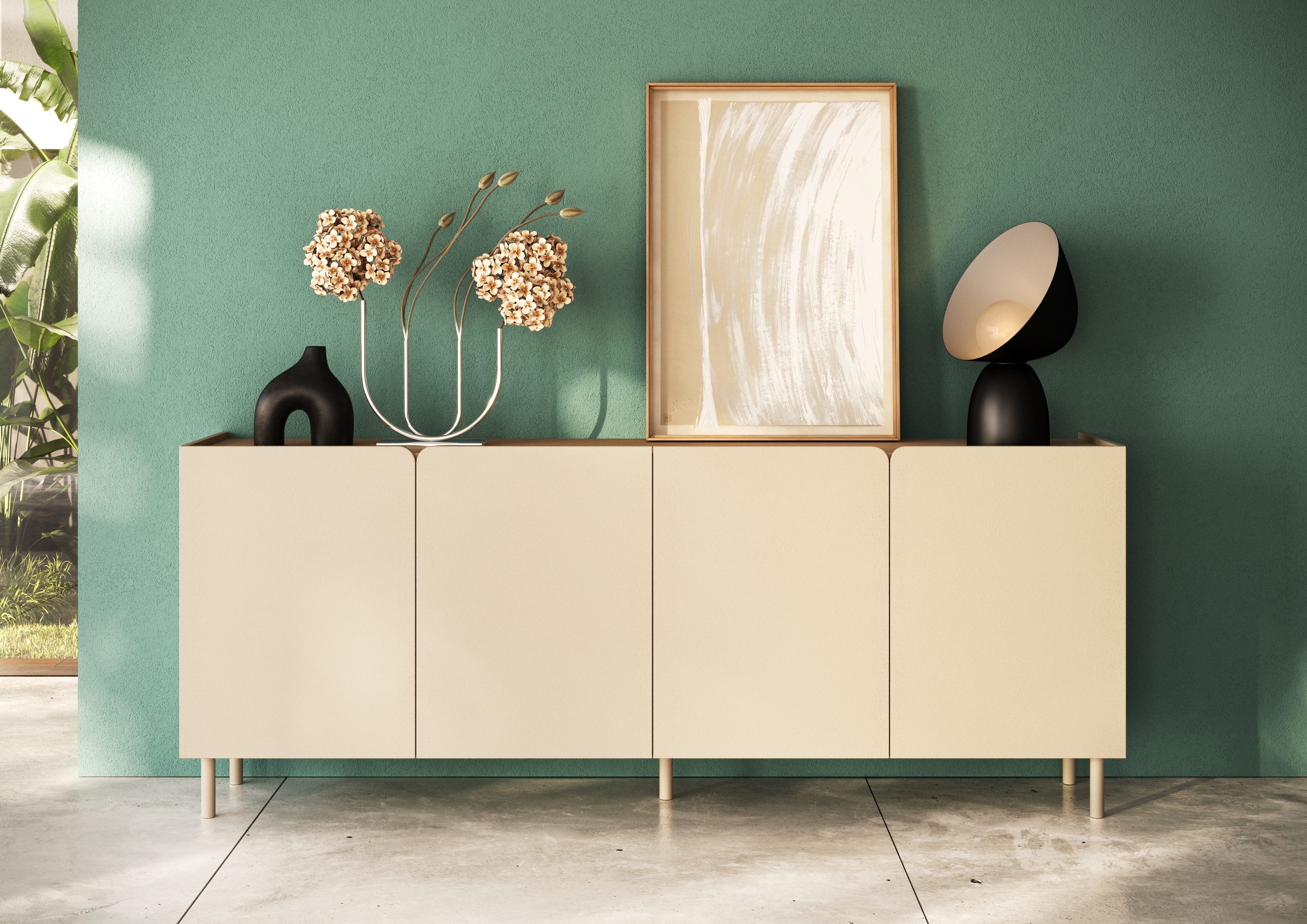 OTTO home Sideboard Dobbiaco, 202 cm breit, 4 Türen, Anrichte, Kommode, Stauraumschrank, Innenliegendes Top, gerade Metallfüße, Tür mit Rundung
