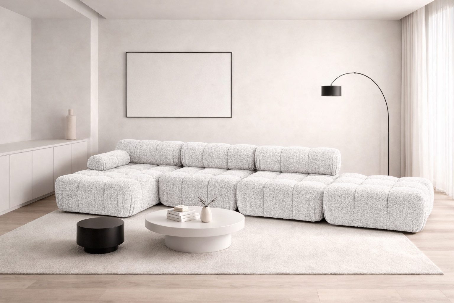 Kaiser Möbel Ecksofa XL mit Pouf modern für Wohnzimmer, Stoff Abriamo, SELIA, Ecksofa mit Pouf, Bouclé-Stoff,modulares System