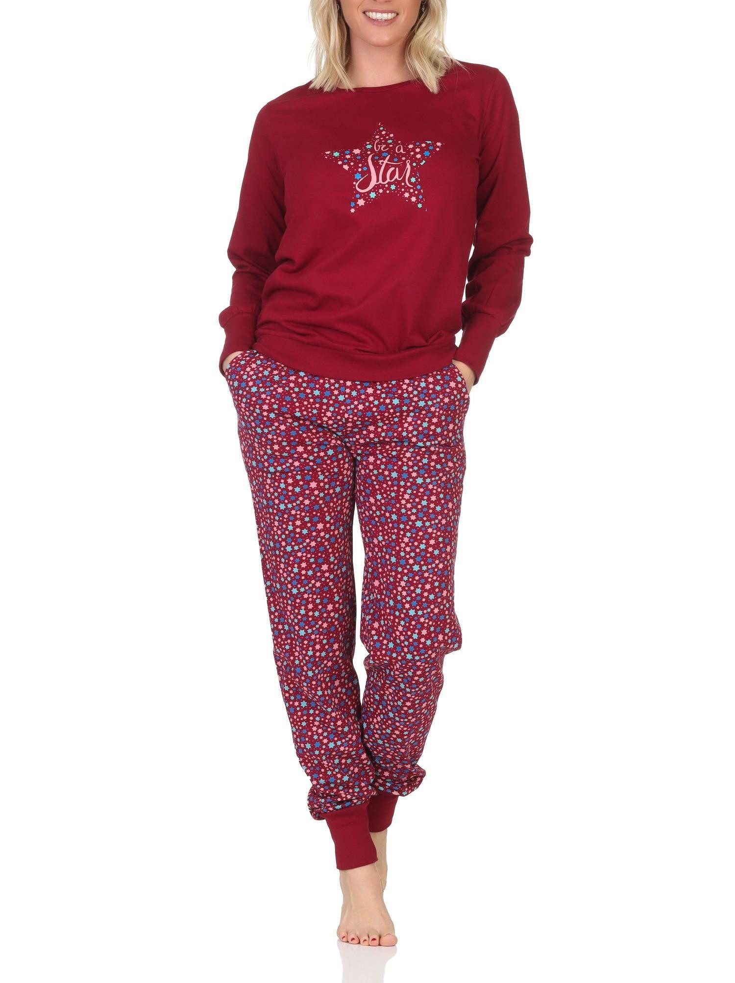 Pyjama Damen Schlafanzug langarm mit Bündchen in Sterne Optik