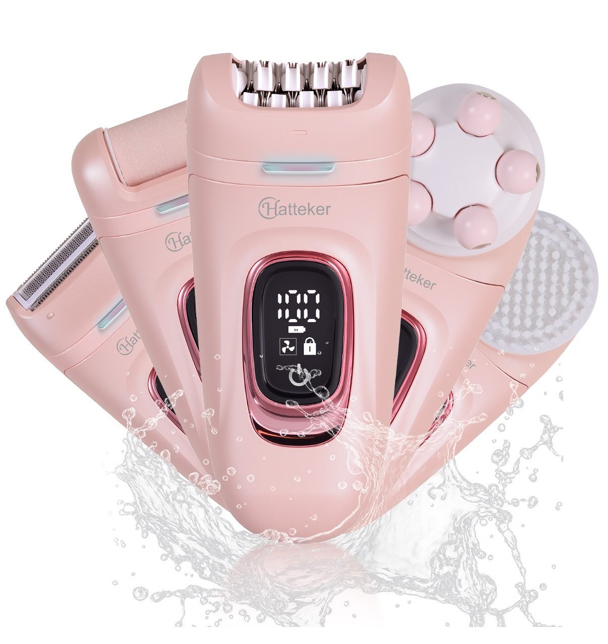 HATTEKER Epilierer HT-582, Aufsätze: 1 St., Gesichtsbürste, Damenrasierer, Hornhautentferner, mit 24-Pinzetten 5-in-1 Pink