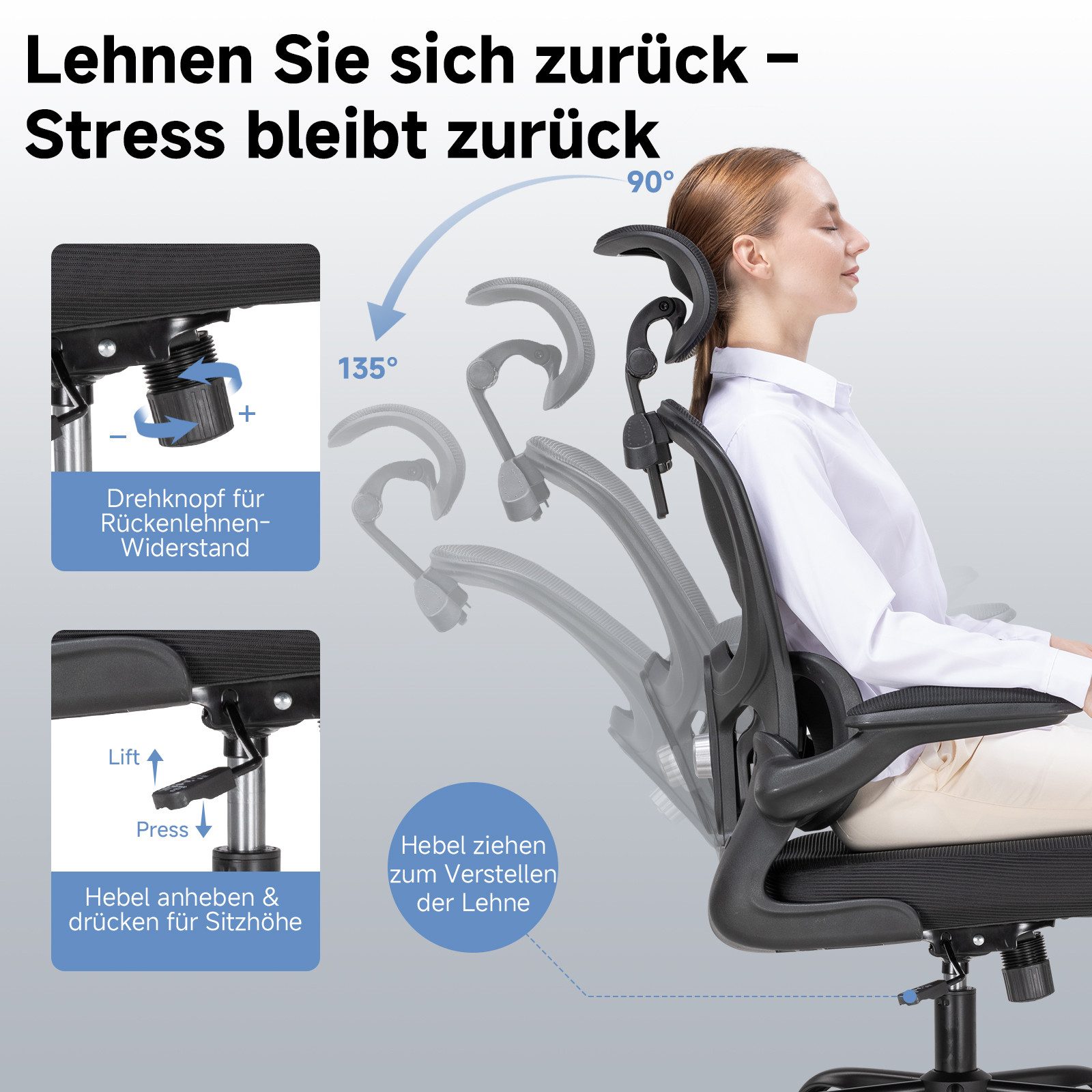 COMHOMA Bürostuhl Ergonomischer Schreibtischstuhl mit 3D Kopf- und Lendenwirbelstütze (Packung), verstellbare Kopfstütze und Armlehnen, Höhenverstellbar