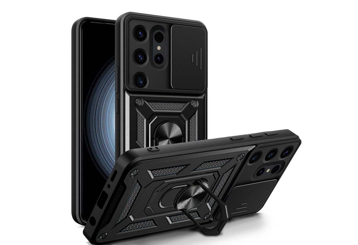 betterfon Handyhülle Panzerhülle für Samsung Galaxy S24 Ultra mit Kameraschutz & Ringhalter, Outdoorhülle mit Smartstand und Silikonkern