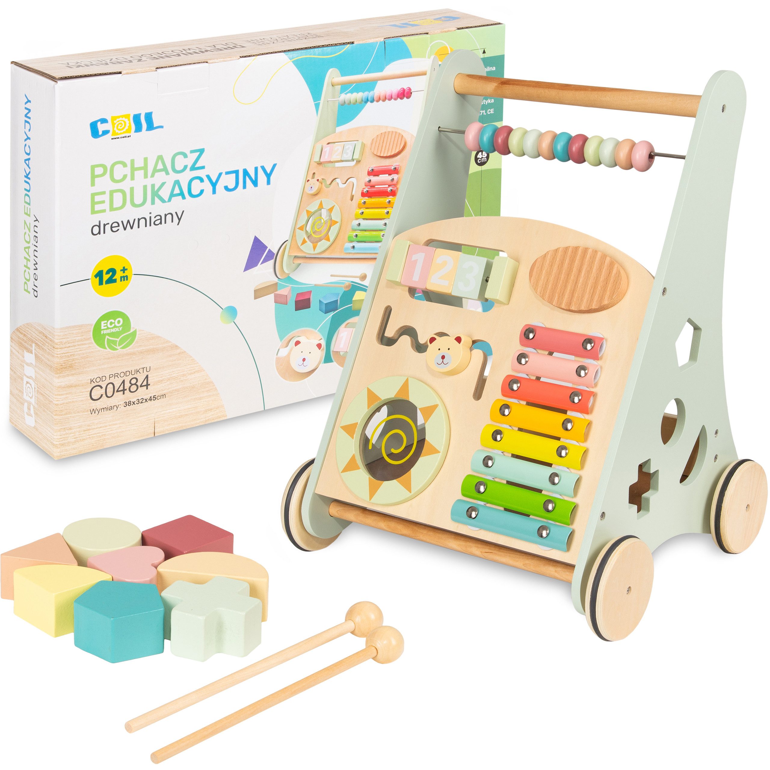 COIL Babywalker Lauflernwagen 3in1, Kinderwagen aus Holz, Lernspielzeug, ab 12 Monaten