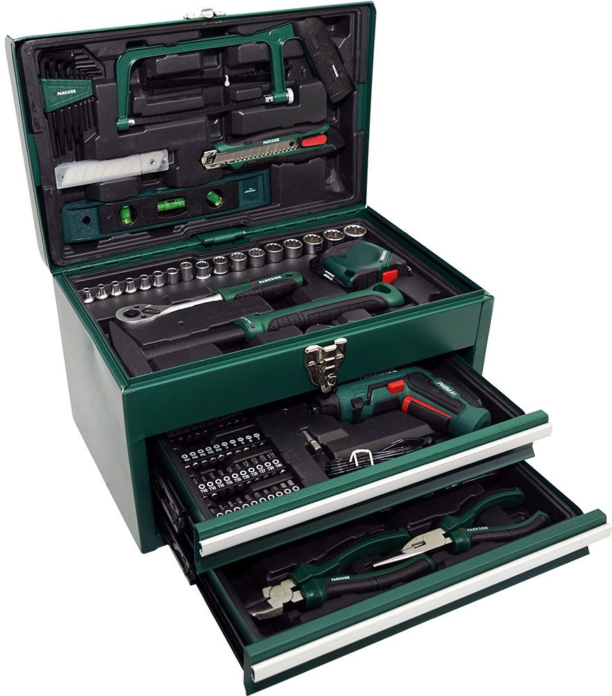 Parkside Инструментset Инструментkiste mit Аккумуляторные шуруповёрты 92teilig PWBM A1 Metallkoffer, inkl. Аккумуляторные шуруповёрты