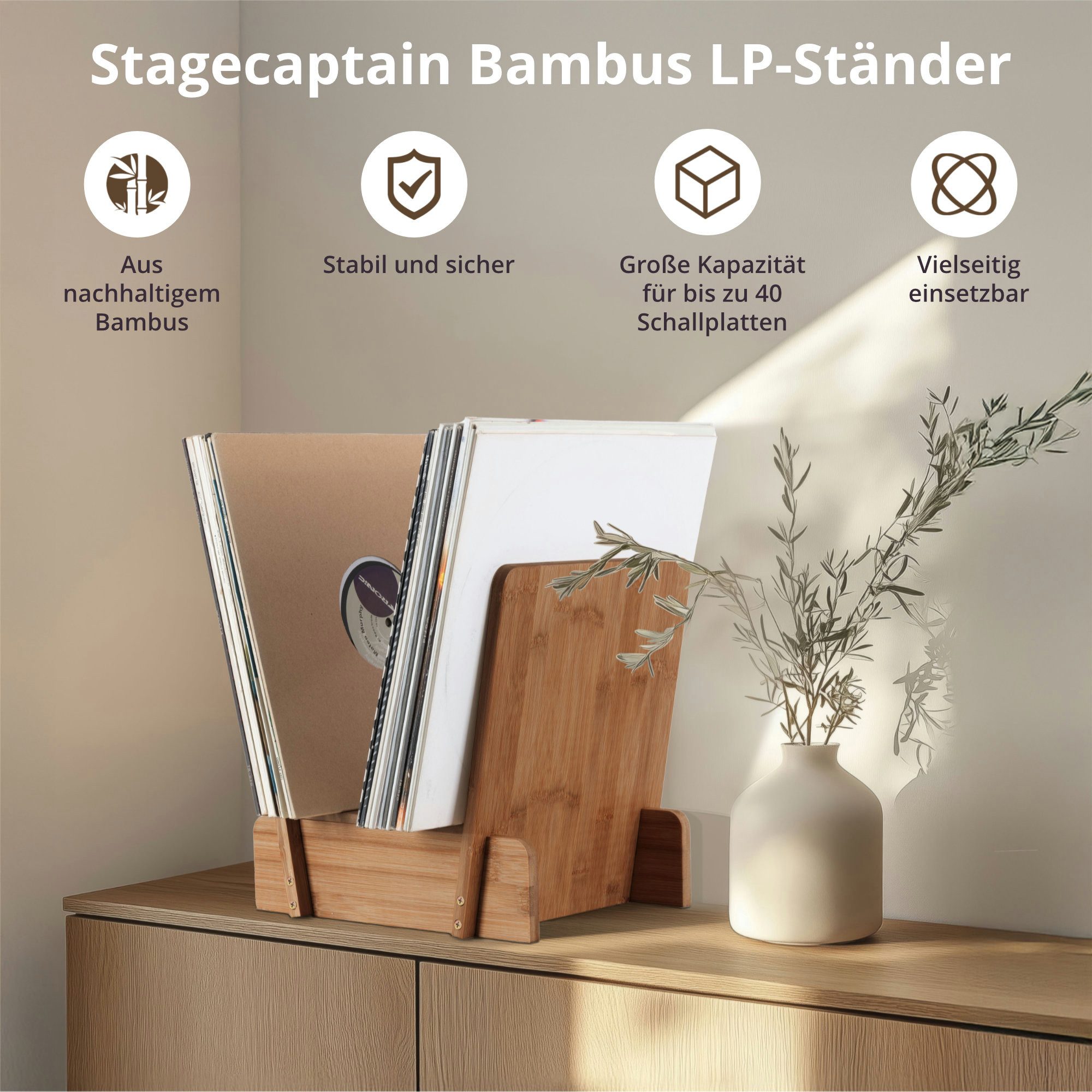 Stagecaptain Aufbewahrungsbox LPSB-40 Bambus LP-Ständer Regal für Schallplatten und mehr (inklusive Schrauben für den Zusammenbau), Platz für bis zu 40 12"-LPs