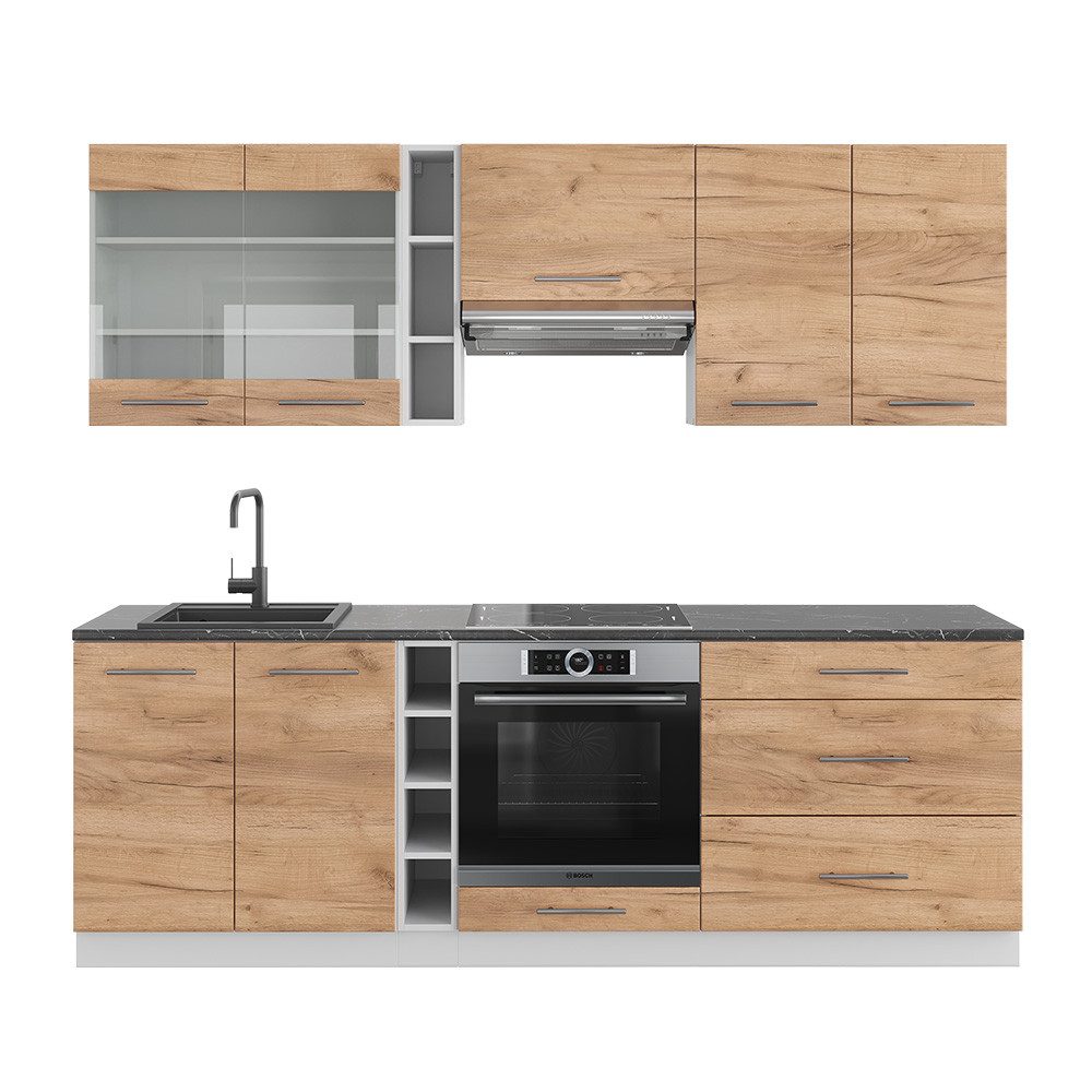 Vicco Küchenzeile Fame-Line, Goldkraft Eiche/Weiß/Weiß, 235 cm ohne Arbeitsplatte