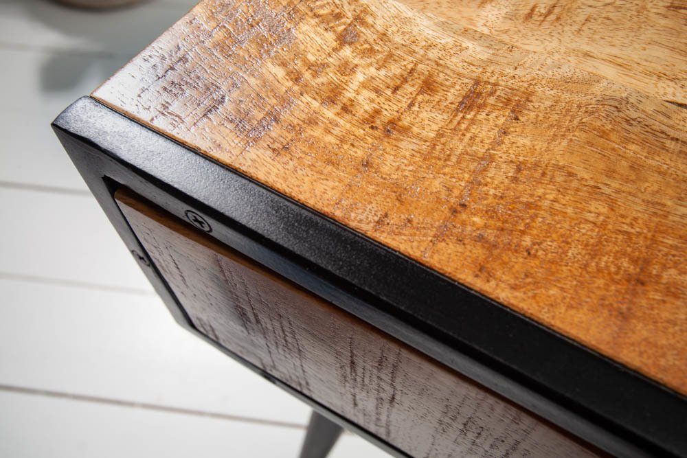 Schublade INDUSTRIAL Mangoholz · natur, 45cm riess-ambiente Massivholz Metall-Beine Nachttisch · · · mit Beistelltisch