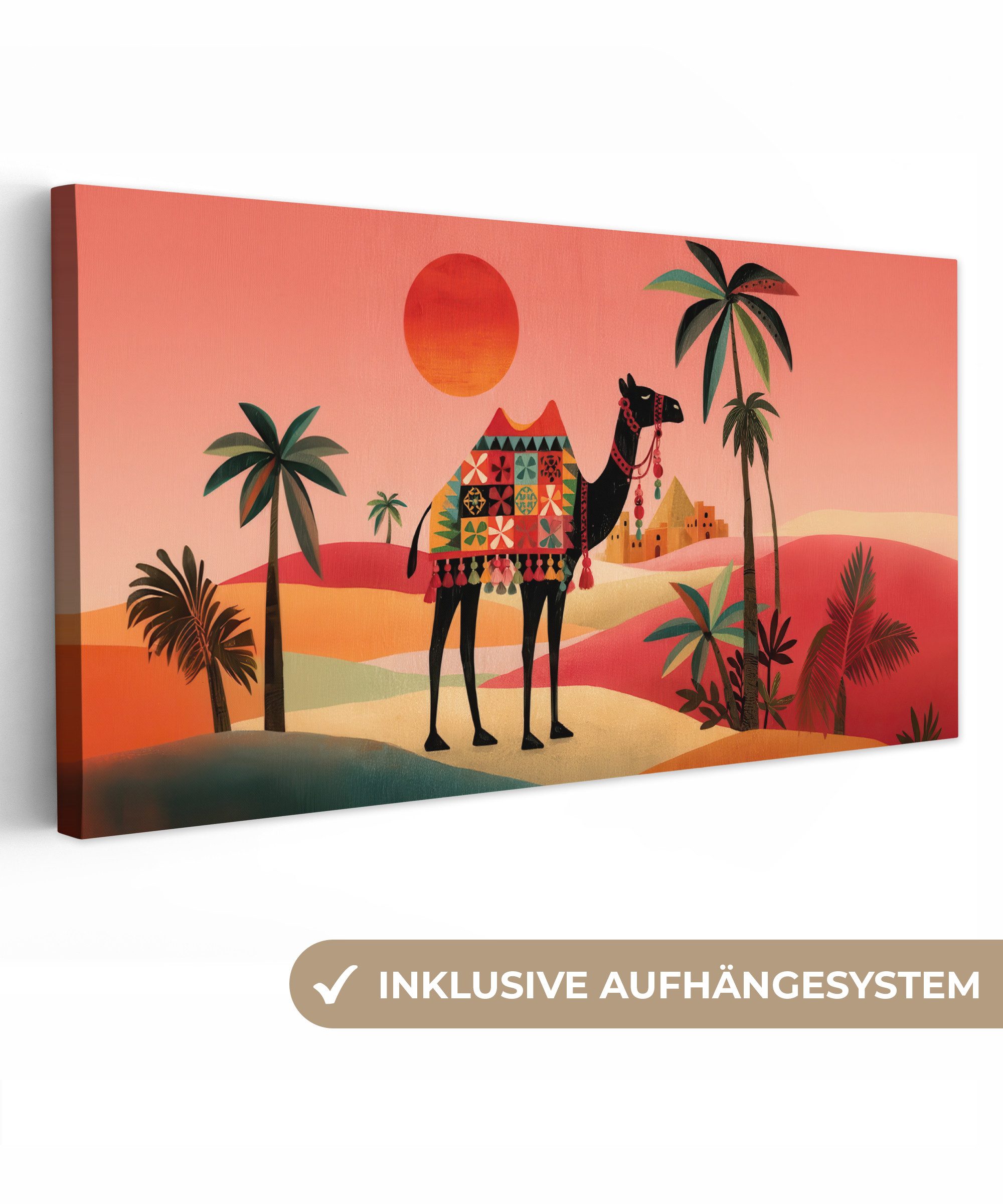 OneMillionCanvasses® Leinwandbild Panorama Kamel - Farbiger Teppich - Dünen - Rote Sonne, Fotodruck (1 St), Wandbild, Deko Schlafzimmer Wohnzimmer Flur 40x20 cm