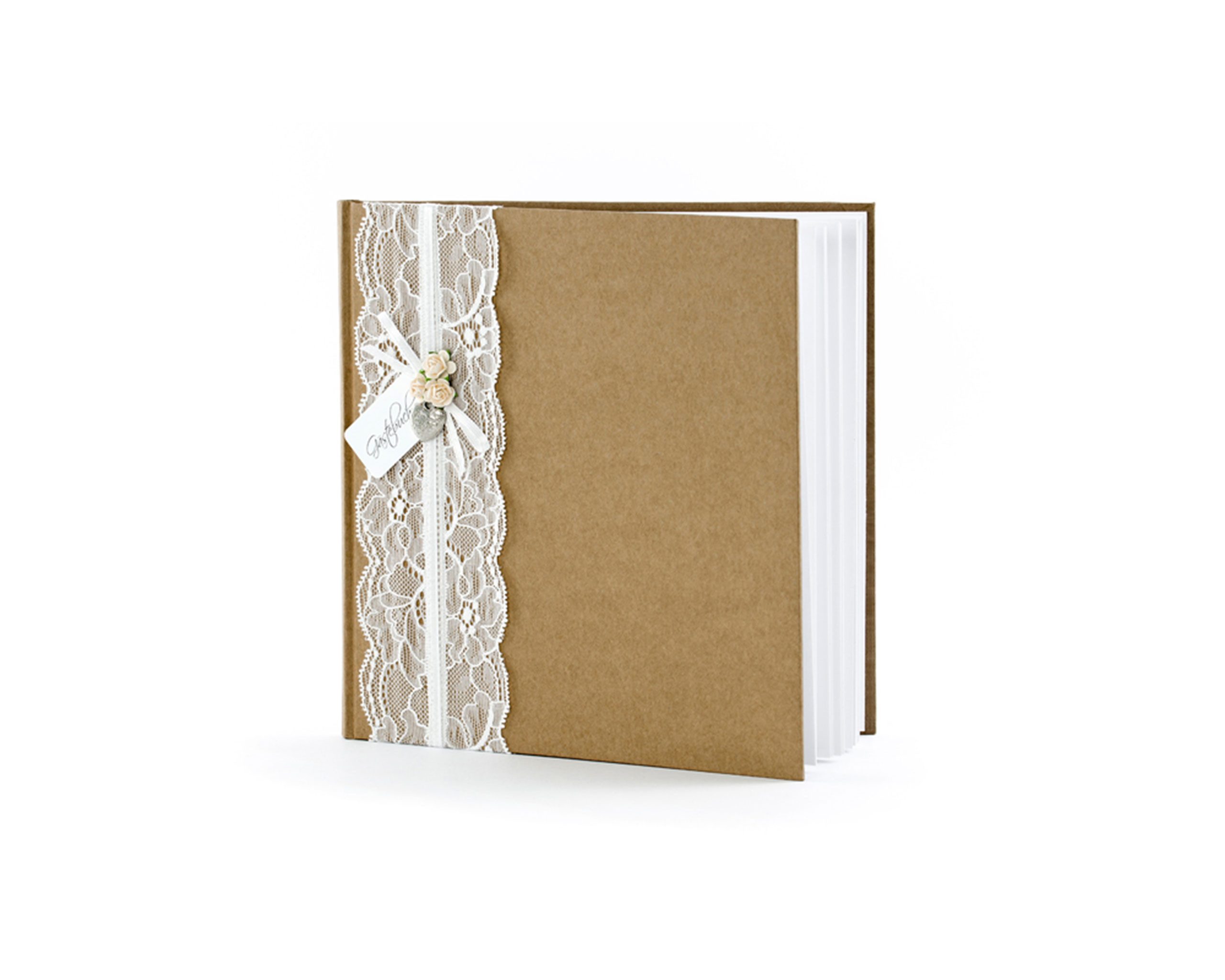 partydeco Notizbuch, Gästebuch 20x20cm mit Spitze / Rosen / Herz 44 blanko Seiten braun