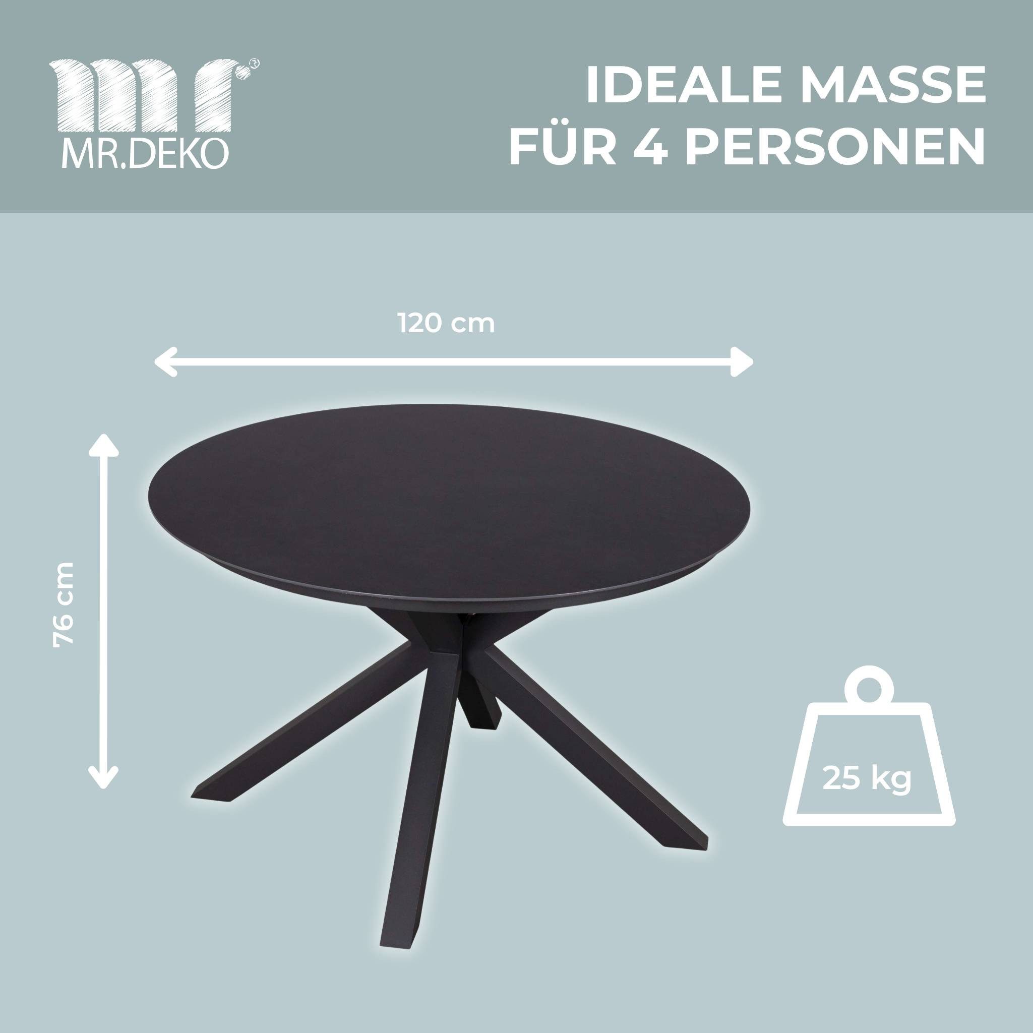 MR.DEKO Gartentisch rund Malaga 120cm Keramik Aluminium Anthrazit, wetterfest & kratzfest (Mit X-Gestell & Keramik-Tischplatte – stilvoller Esstisch für Outdoor, 1-St), Wetterfest & modern – Tisch Höhe anpassbar, pflegeleicht