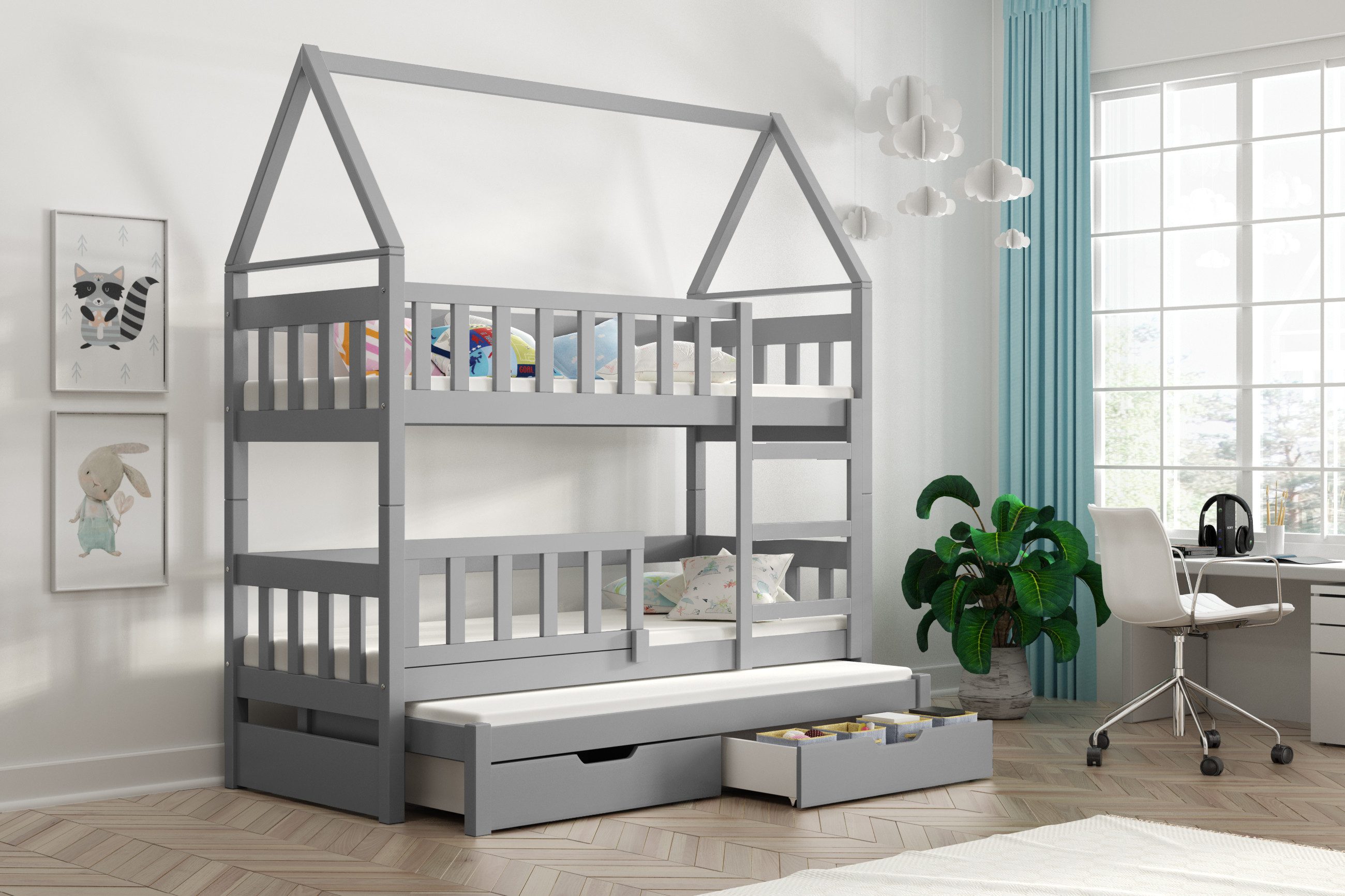 Hochbett mit abnehmbaren Rausfallschutz Haus Etagenbett Stockbett für 3 Kinder