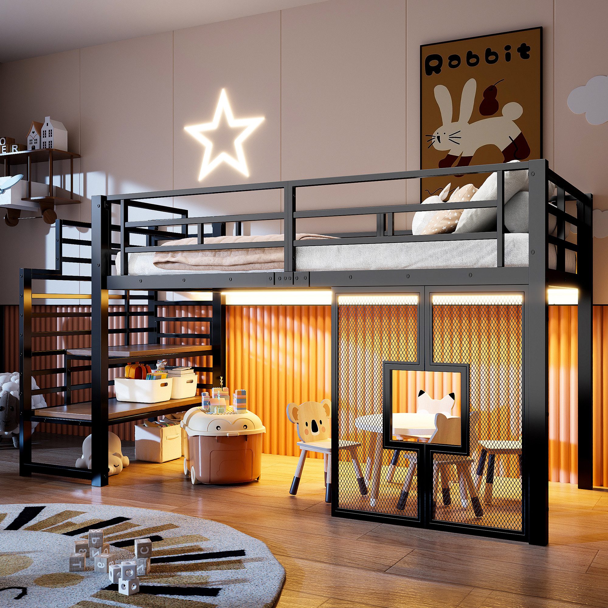 Odikalo Hochbett Kinderbett Jugendbett 90x200 mit LED und Stauraum (90x200 cm großes Metall-Hochbettgestell mit Treppe, Stauraum, LED-Beleuchtung und Fenstern, Schwarz / Weiß)