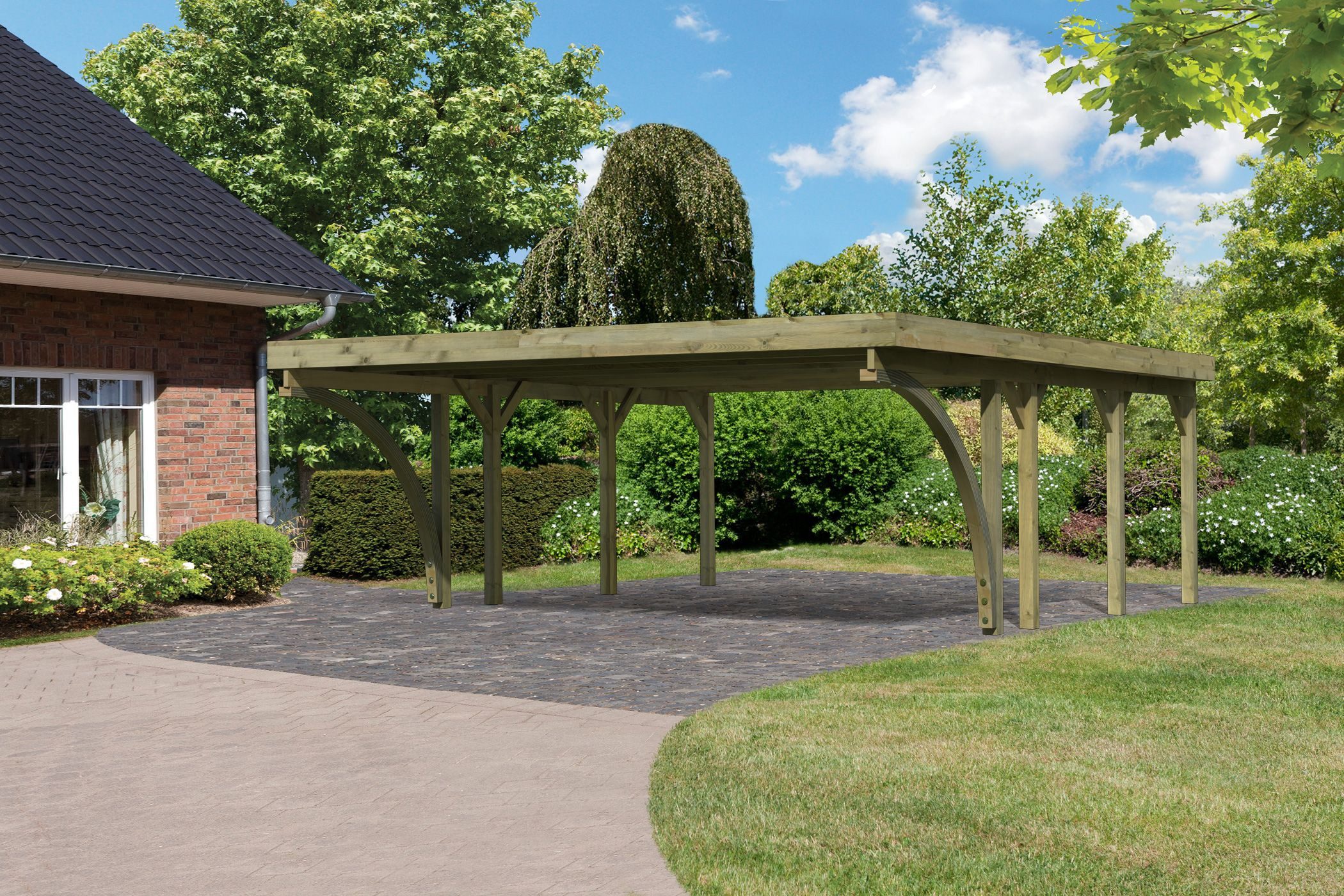 Karibu Doppelcarport »Classic 2 SET« PVC-Dach Варианты C, mit zwei Einfahrtsbogen, BxT: 563x476 cm, 206 cm Einfahrtshöhe, (Set), aus Masivholz