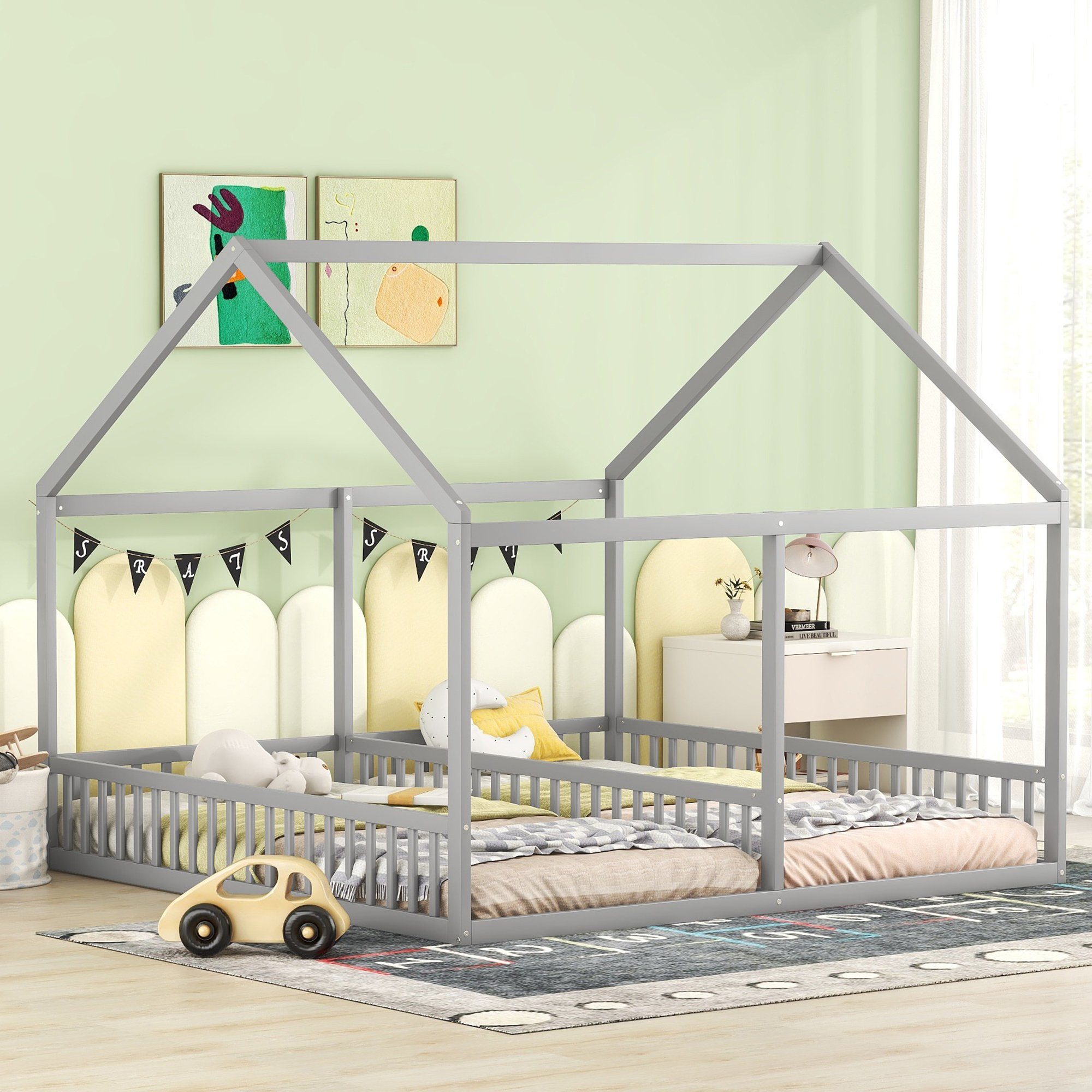Hausbett grau Schlafgelegenheiten Lattenrost SOFTWEARY 2 mit aus (90x200 Holzbett und cm), Kiefer Kinderbett