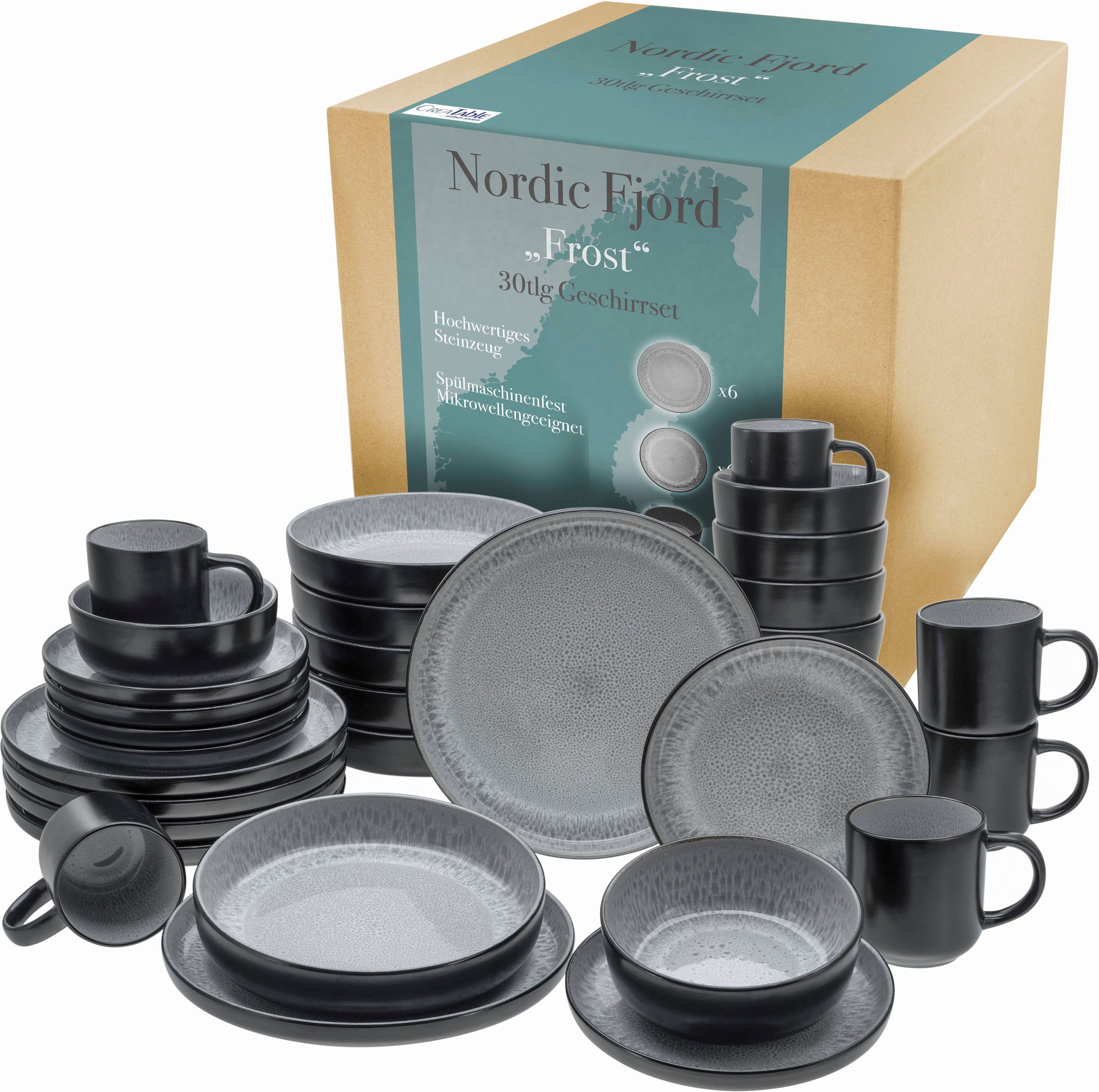 Personen, CreaTable je Suppenteller, Fjord Schalen, 6 6 Speiseteller, Nordic Dessertteller, Kombiservice Steinzeug, (30-tlg), Kaffeebecher