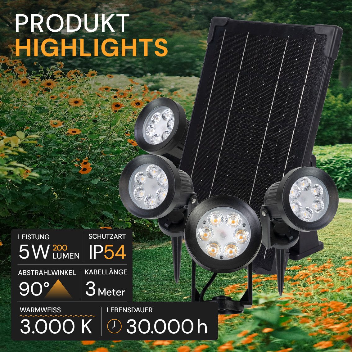 ENOVALITE LED Solarleuchte LUXULA Solar-Gartenstrahler 200lm 3000K Warmweiß Erdspieß Dimmbar, Warmweiß – Bild 2 von 5
