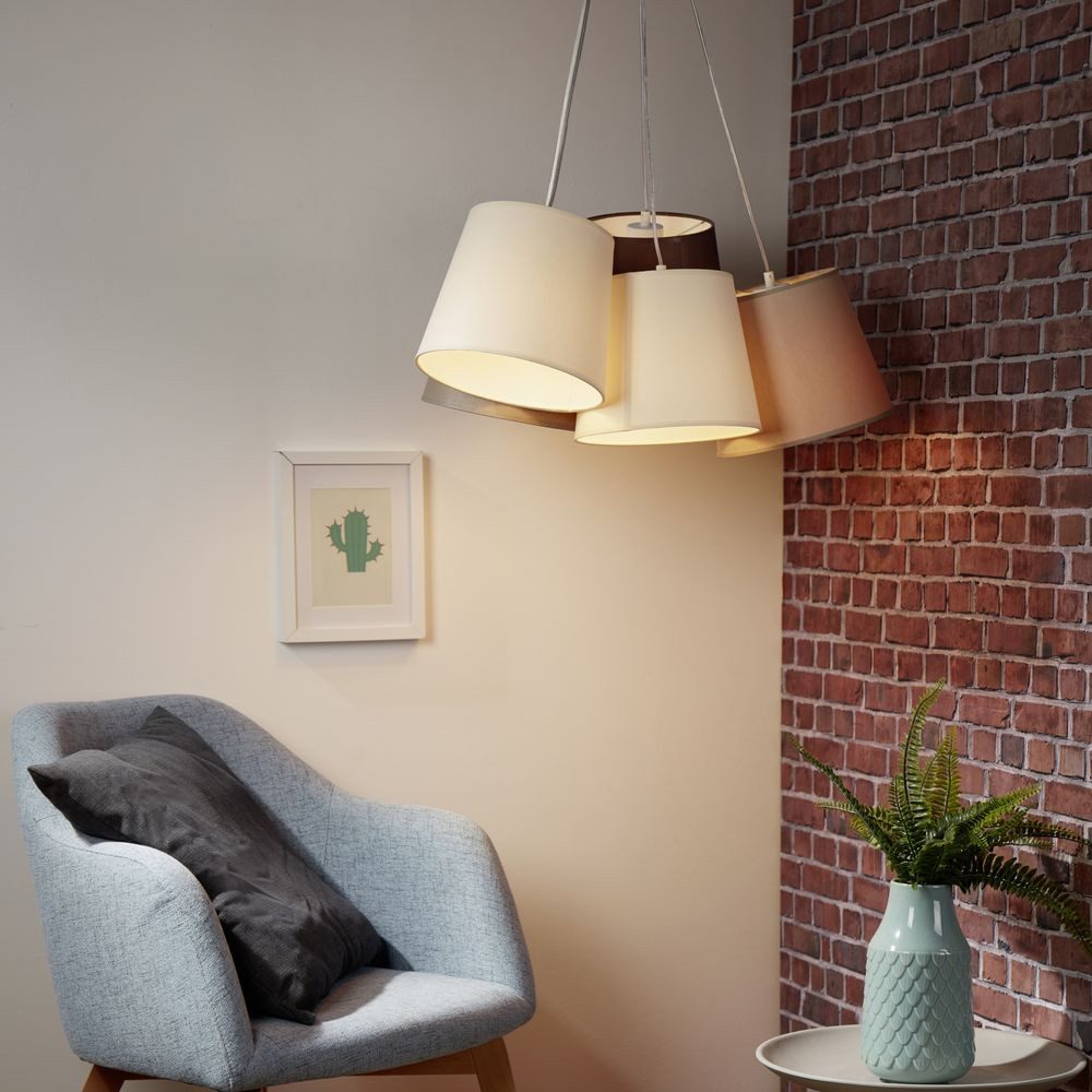 famlights Pendelleuchte famlights, Pendelleuchte Lorenz aus Stoff in Beige, Braun 5-flammig