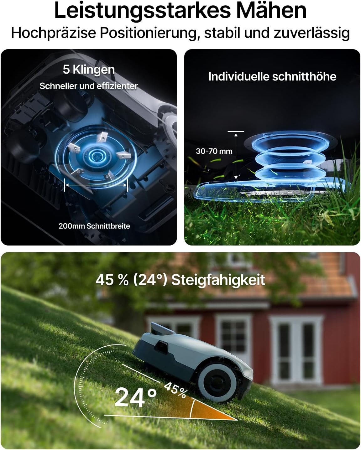 ANTHBOT Rasenmähroboter Genie1000 - Automatischer Mähroboter, 5000 mAh Akku, bis 2000 m² Rasenfläche, (Spar-Set, Ohne Begrenzungskabel • RTK+4-Kamera Vision • KI-Hindernisvermeidung), Kantenfunktion, Max.20 Mehrzonen-Management, WiFi/Bluetooth