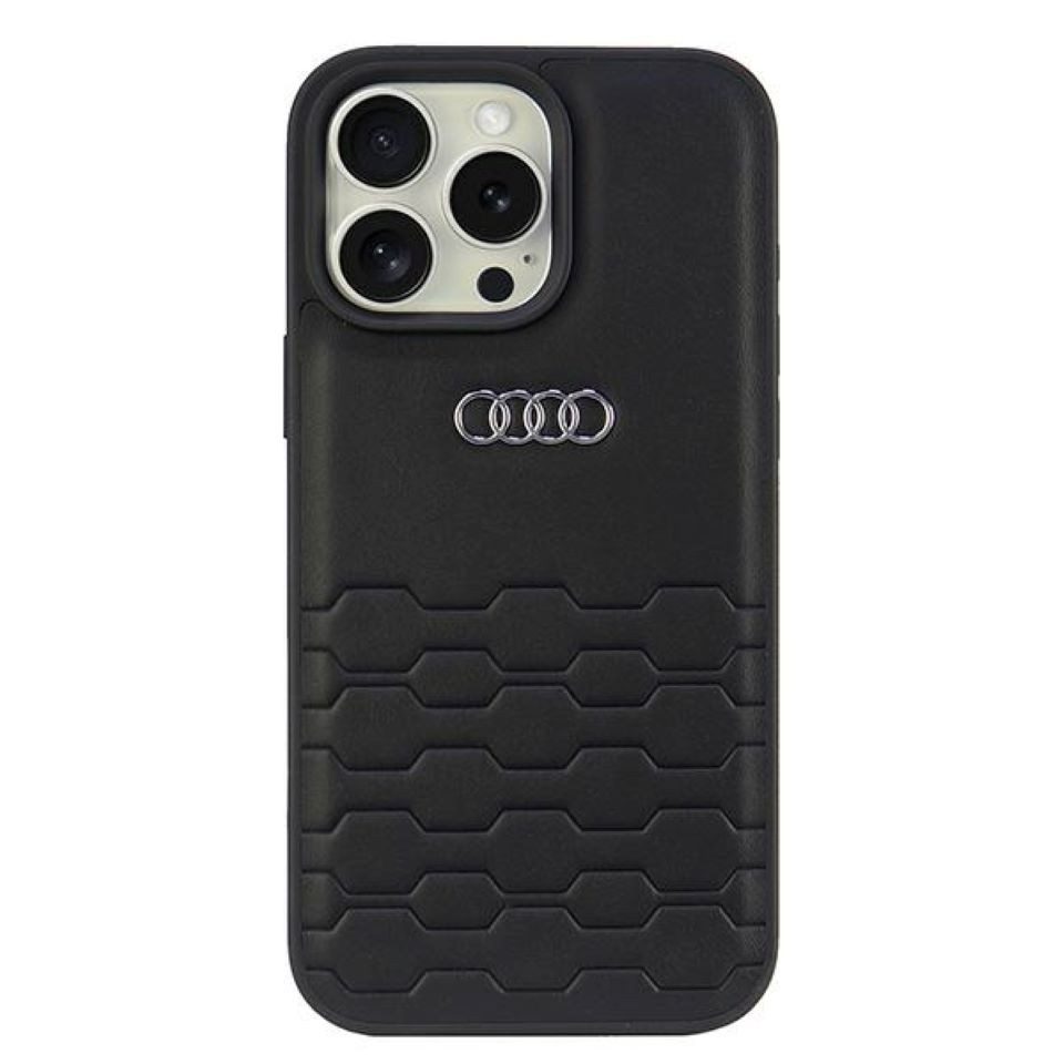 Audi Handyhülle iPhone 16 Pro Max Kunstleder schwarz Logo Metall 6,9 Zoll, Kantenschutz
