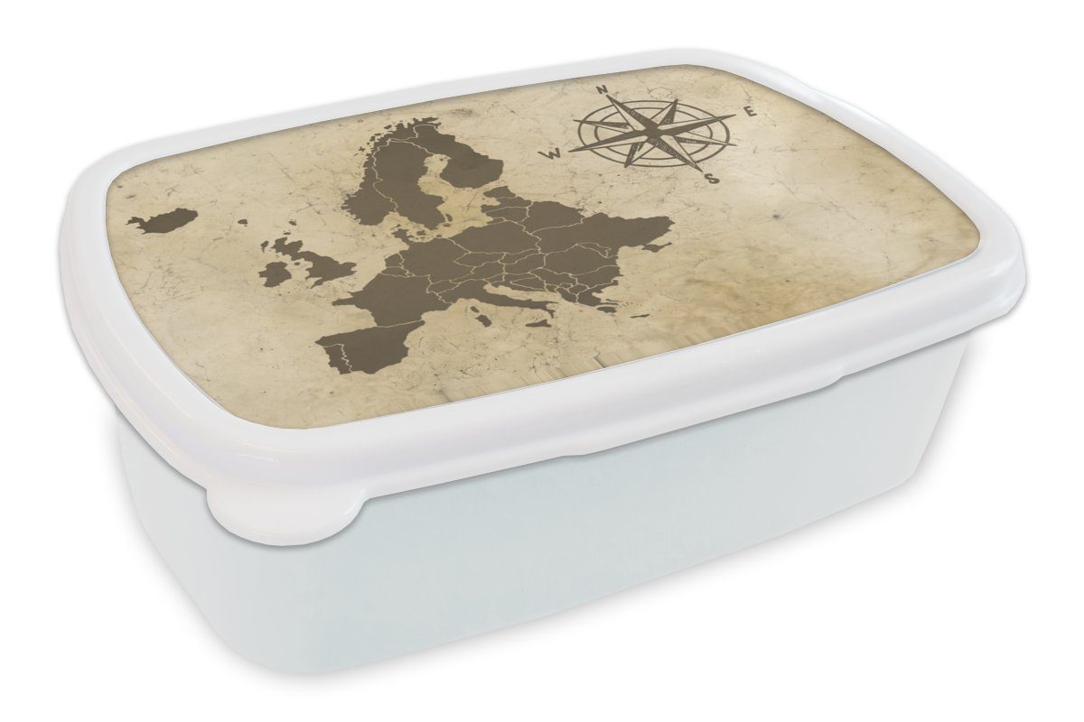 MuchoWow Lunchbox Karte - Europa - Kompass, Kunststoff, (2-tlg), Brotbox für Kinder und Erwachsene, Brotdose, für Jungs und Mädchen weiß | Lunchboxen