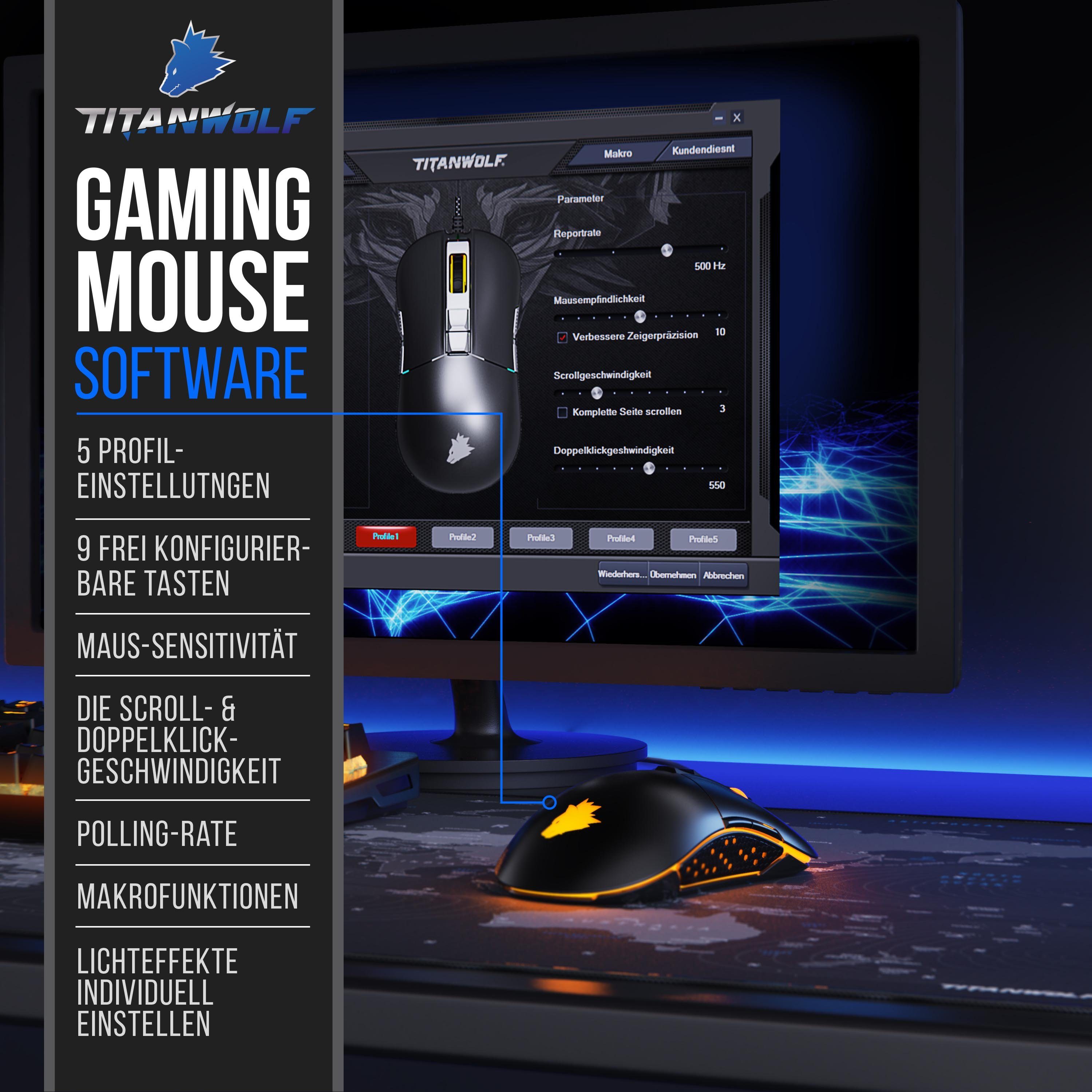 Pixart Sensor, Rechts 3310 Linkshänder, 5000 Titanwolf dpi, & RGB) (Mouse für Gaming-Maus