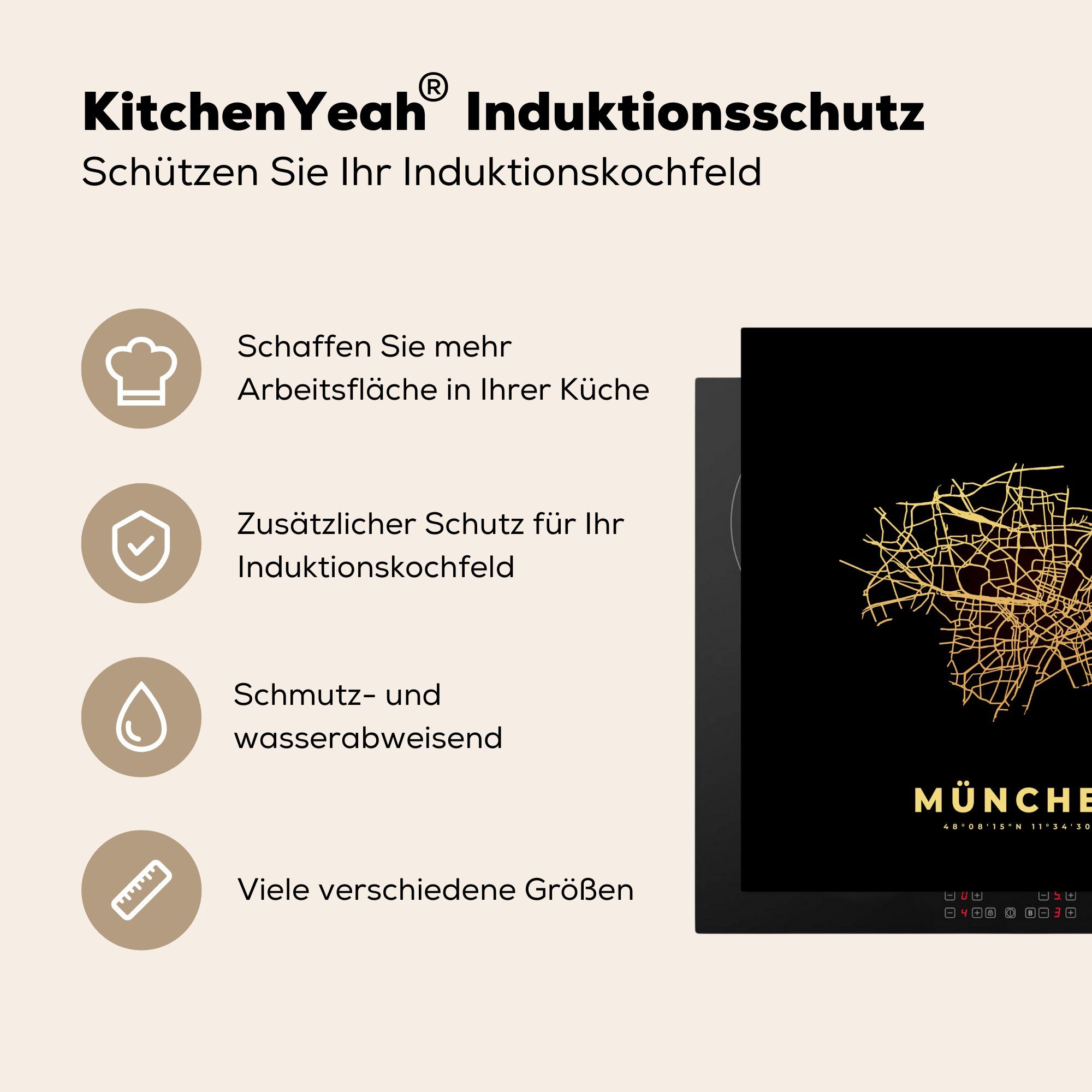 (1 für tlg), MuchoWow cm, Ceranfeldabdeckung, Herdblende-/Abdeckplatte München - - 78x78 - Stadtplan, Karte Luxus Vinyl, küche Arbeitsplatte