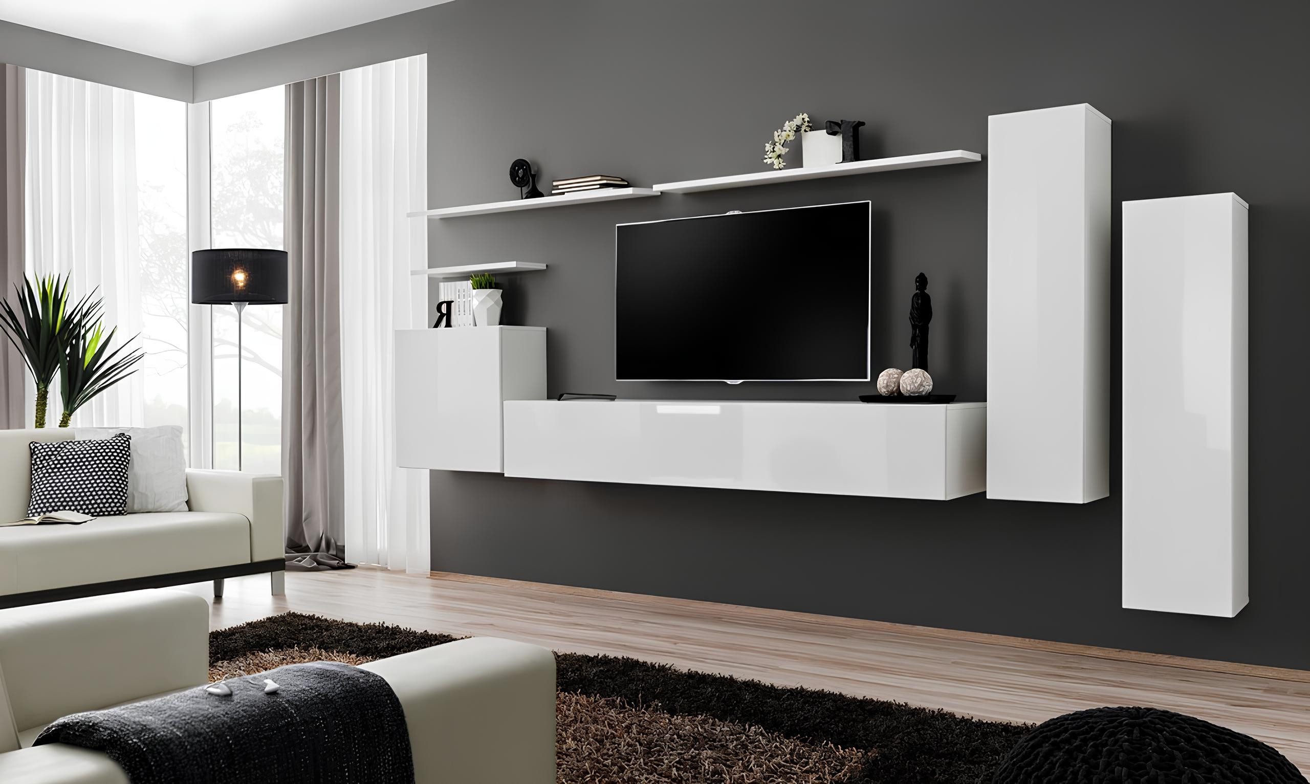 Xlmoebel Wohnwand 7tlg. Set Sideboard Wandregal Weiß TV-Ständer Wandschrank, Made in Europa