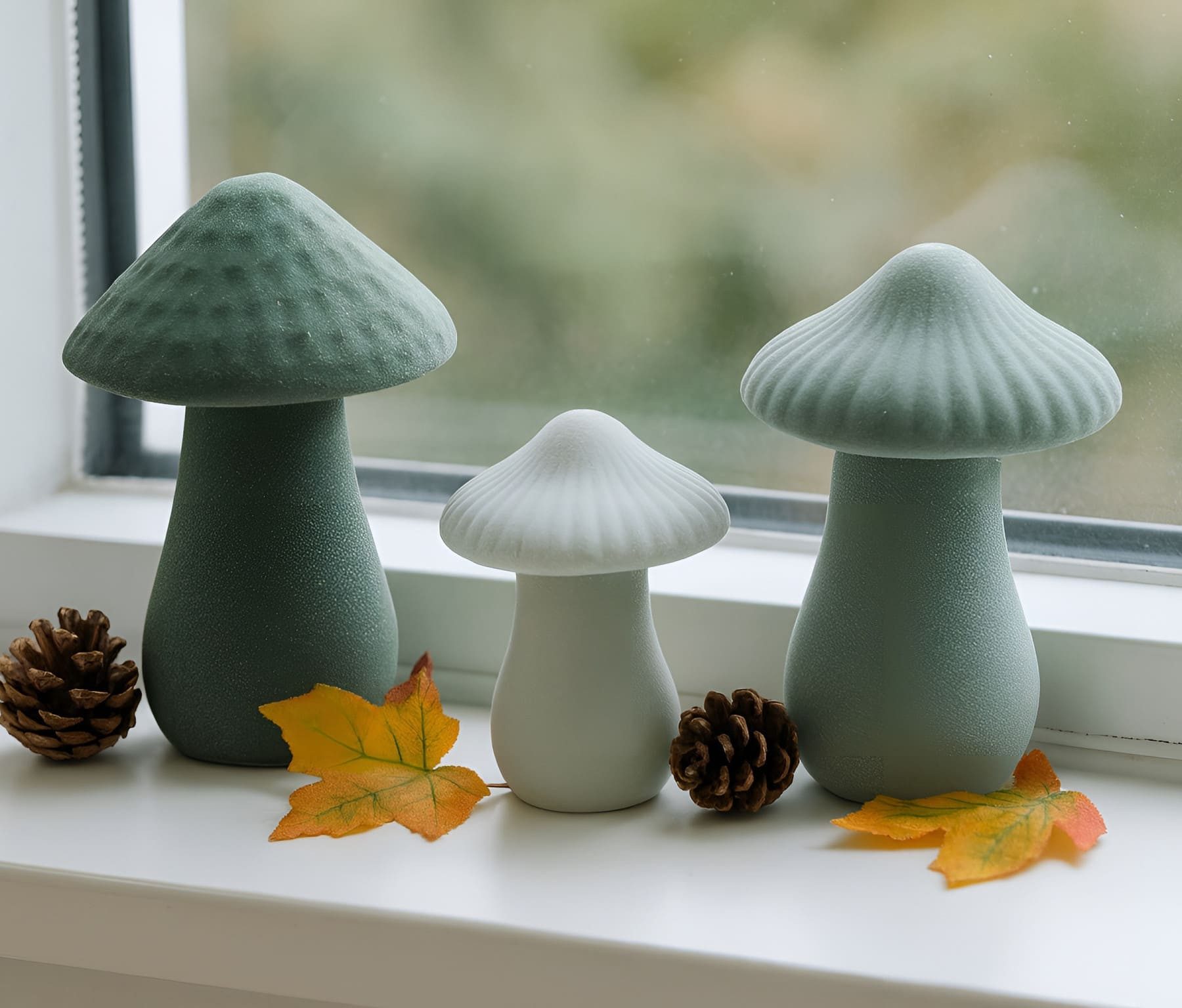 Dekoleidenschaft Dekofigur Pilz "Grün" Porzellan, Herbstdeko, Dekopilze, Pilzset, Pilze, Pilzdeko (3 St., im Set), 8 + 12 cm hoch, Figurenset