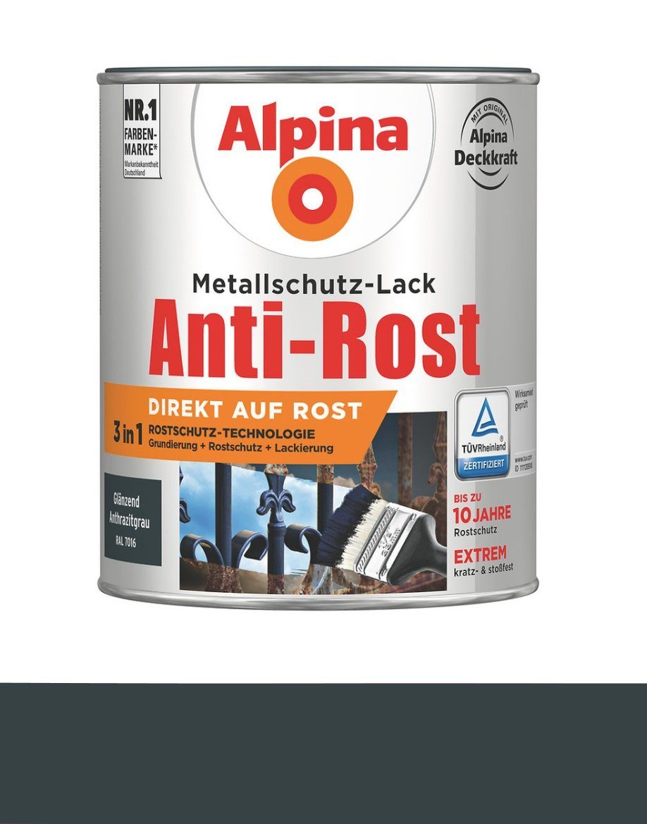 750 Metallschutzlack Alpina Anwendung Rostschutz auf Anthrazitgrau Metallschutz-Lack Spezialfarbe für Grundierung Anti-Rost 7016 ml, die Alpina Matt Rost RAL direkt