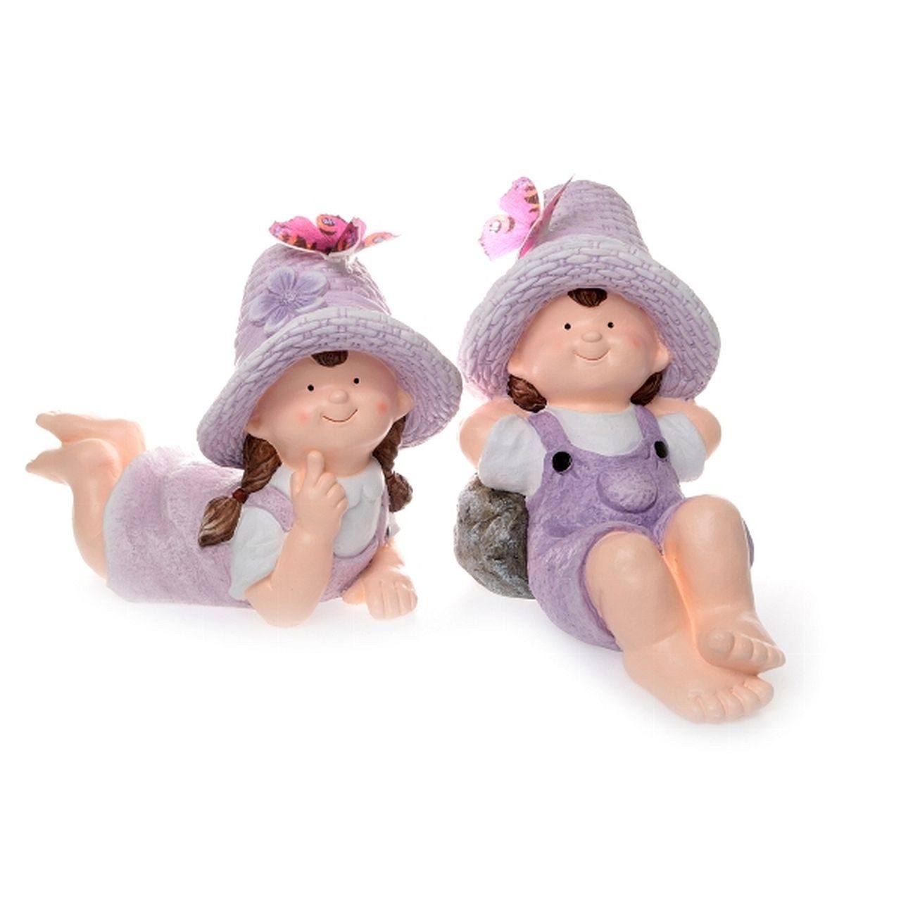 Dragimex Dekofigur Gartenkinder Junge oder Mädchen liegend mit Solar Schmetterling 35 cm