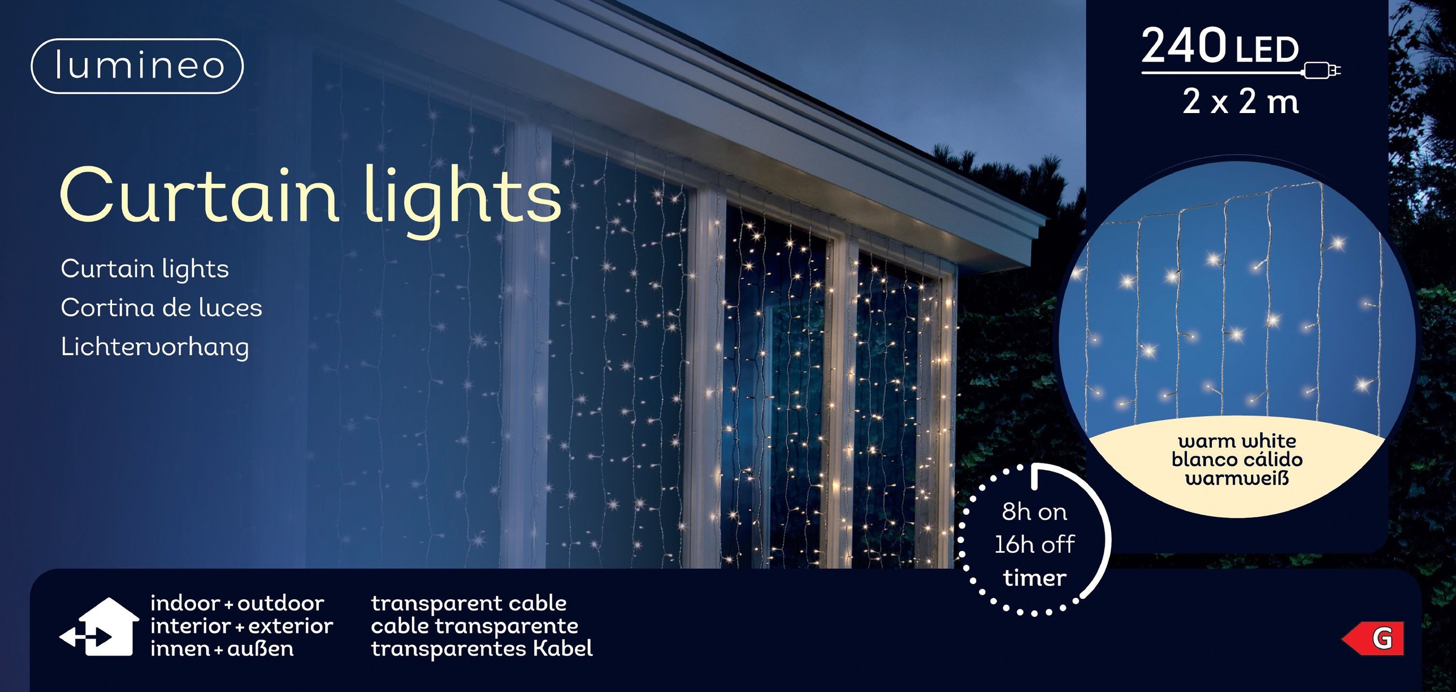 Lumineo Lichtervorhang Lumineo Lichtervorhang CURTAIN LIGHTS 240 LED 2x2 m warm weiß, transp., Indoor/Outdoor, 8h-Timer, + 5 m Zuleitung, Lichterkette