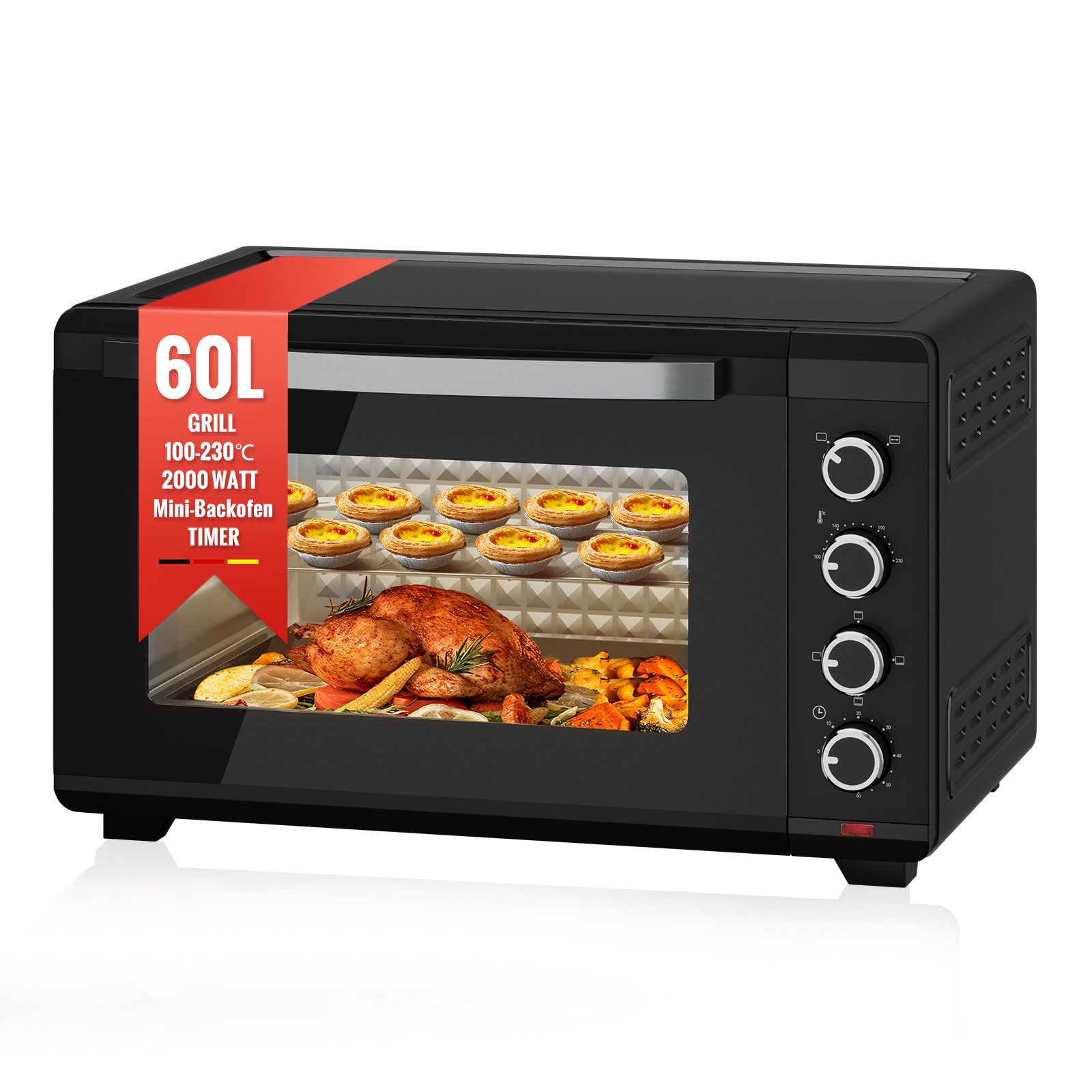 Minibackofen 60L 2000W Pizza-Ofen, Mini ofen mit Hähnchengrill, Ober-/Unterhitze