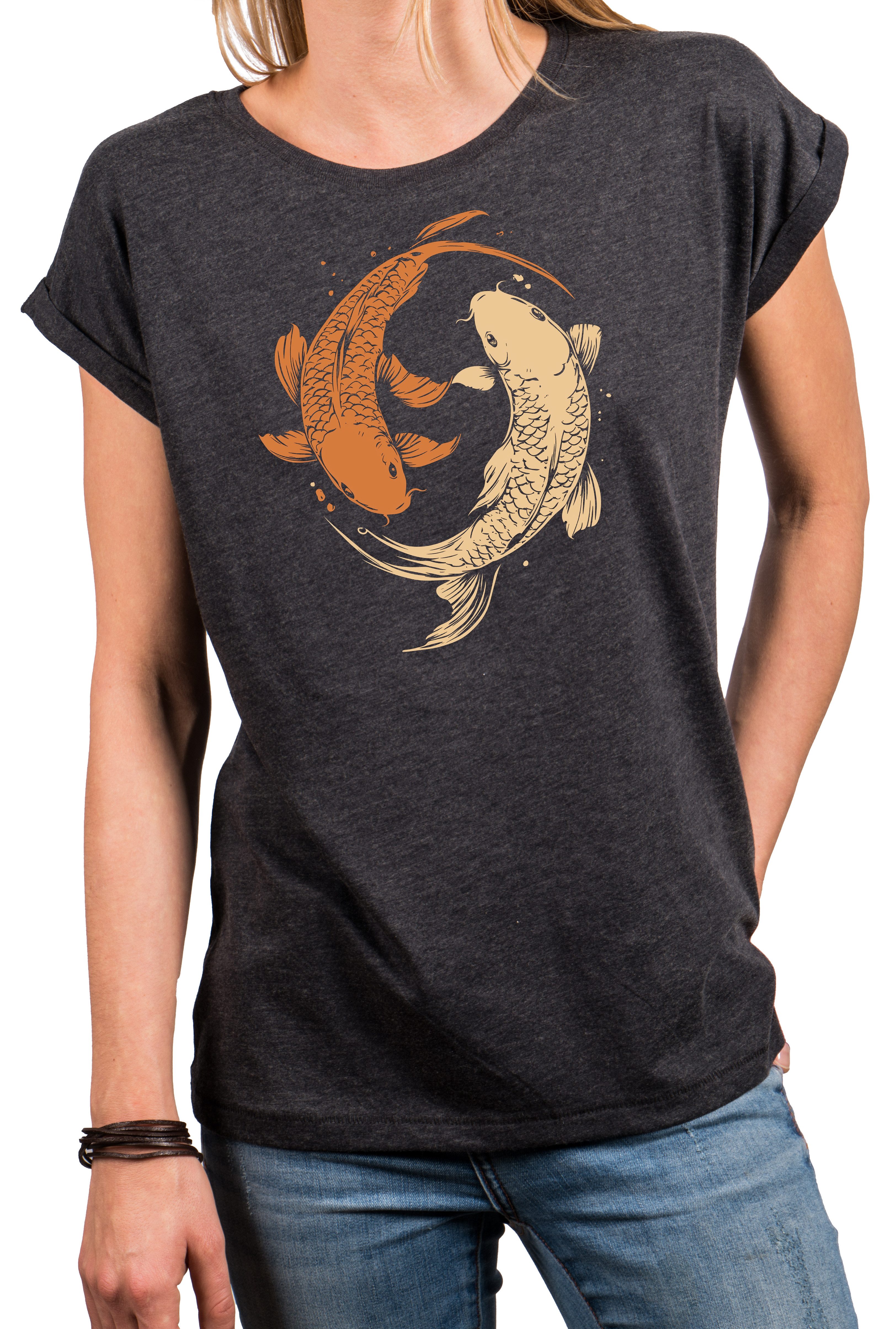 MAKAYA Yogashirt Damen Yin Yang Meditation Relax Shirt Hippie Outfit GYM Top (Schwarz, Blau, Grau, 34, 36, 38, 40, 42, 44, 46, 48, 50) Baumwolle