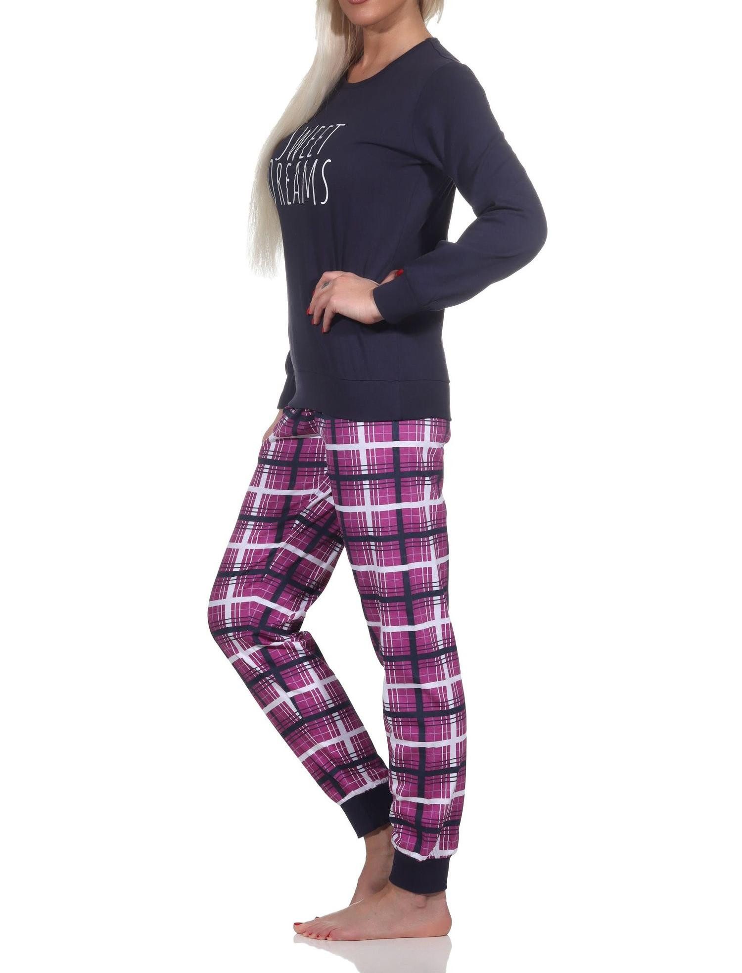 Normann Pyjama Normann Damen Schlafanzug mit Bündchen mit karierter Jersey Hose