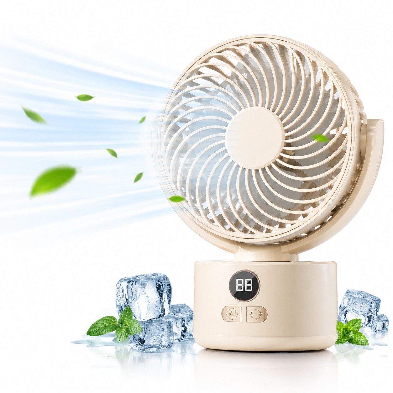 MOPUEA Ventilatorkombigerät Akku Tischventilator mit LED-Anzeige, Mini leiser Ventilator 3 Stufen, Oszillierend tragbarer Ventilator Schnelle Kühlung Luftzirkulation