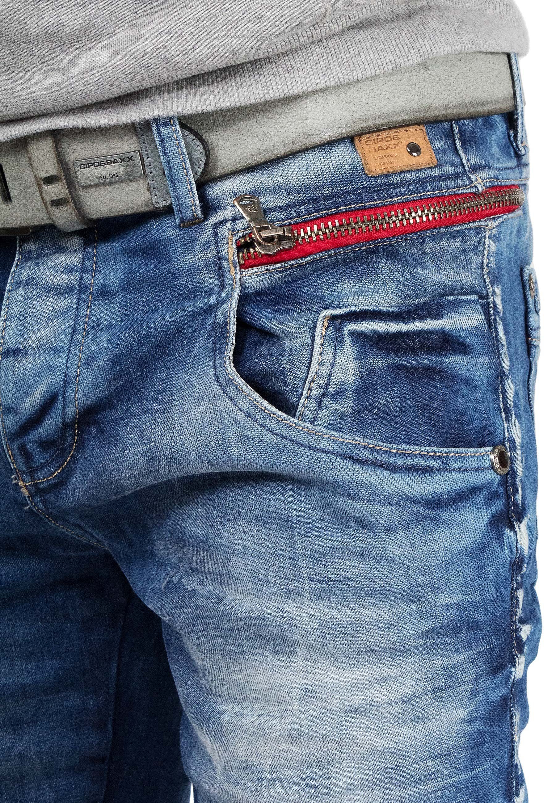 Cipo & Baxx Slim-fit-Jeans Herren Slim Fit Hose Stonewashed BA-CD394 mit roten Zipper und Stonewashed Effekten – Bild 5 von 5