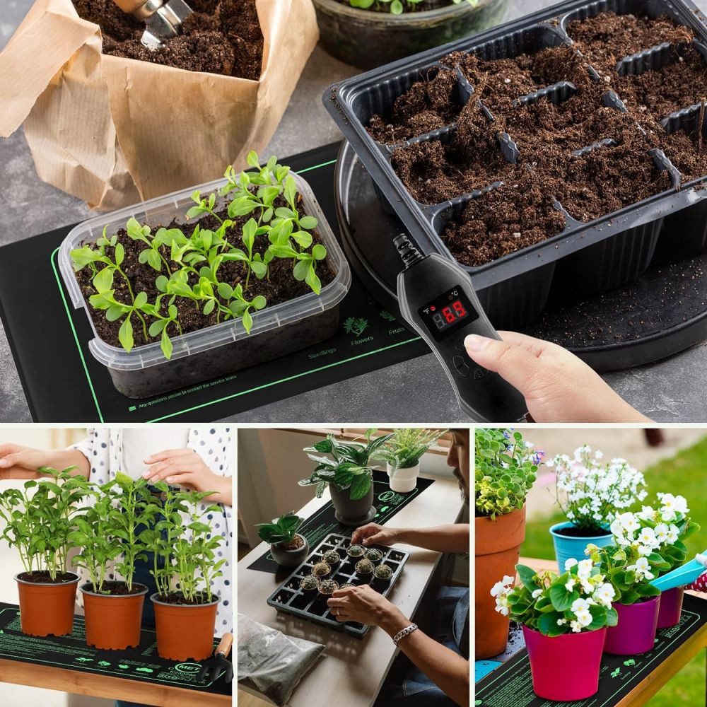 QUBEBU Heizmatten Heizmatte für Pflanzen, Wärmematte Set mit Thermostatregler, 25*52,5cm, Anzuchtmatte für Gemüse, Blumen, Kräuter, Terrarien, Reptil, Pet., Zimmergewächshaus Anzuchtplatte Heizkissen.