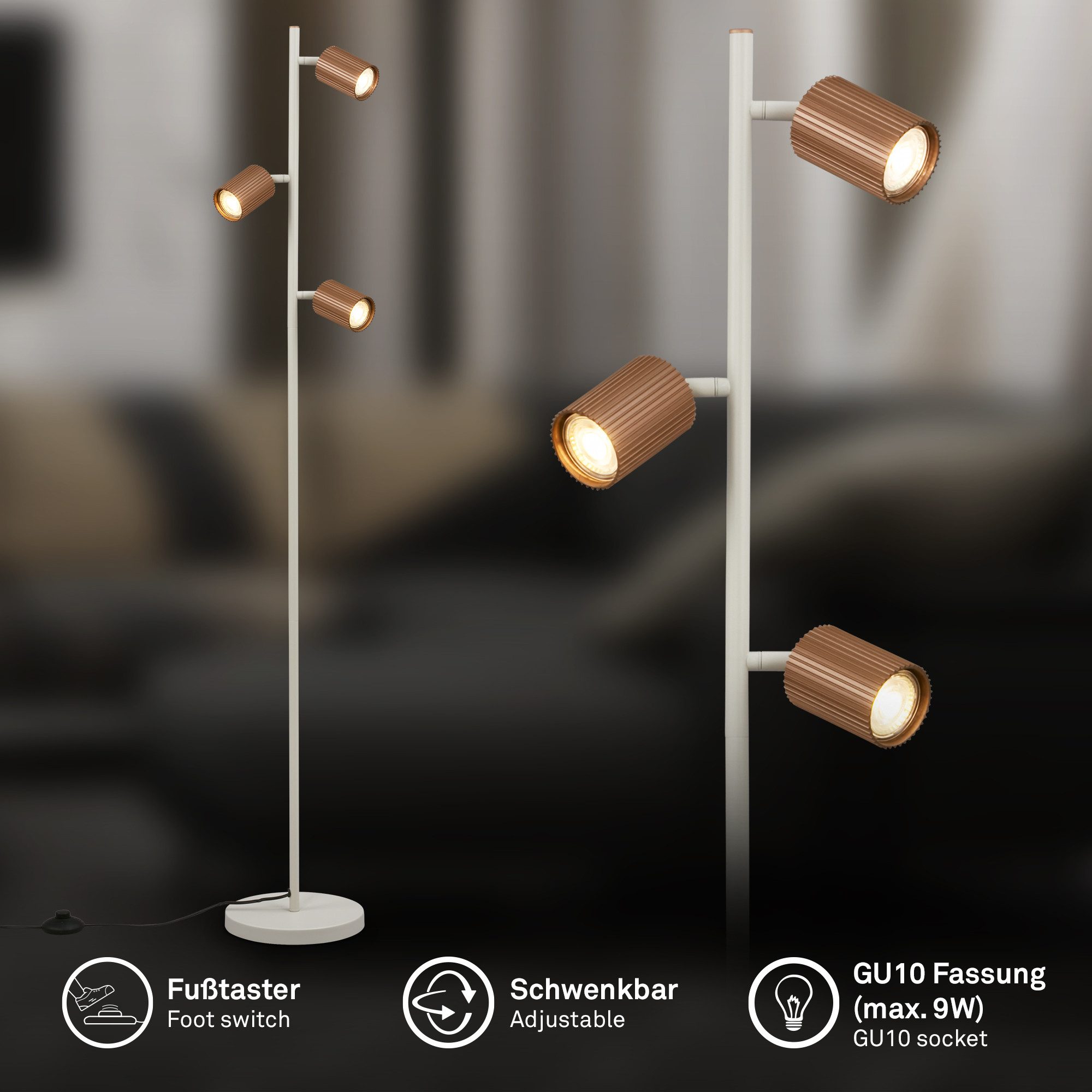Briloner Leuchten LED Stehlampe Stehleuchte schwenkbar GU10 Riffle-Optik 3-flammig, ohne Leuchtmittel, Abhängig vom Leuchtmittel, 22x141 cm, Wohnzimmer, Schlafzimmer, Büro