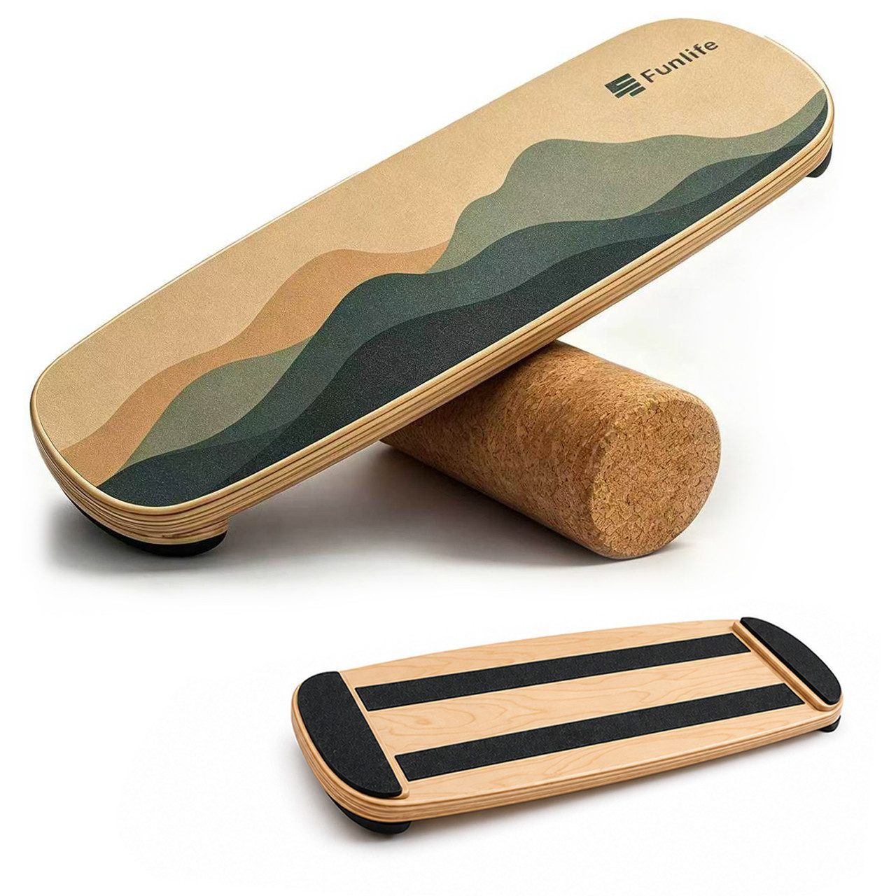 FunLife Balanceboard Design-Edition – einzeln oder mit 3 Widerstandsbändern, Wackelbrett aus Birkenholz mit Korkrolle, bis 150 kg belastbar