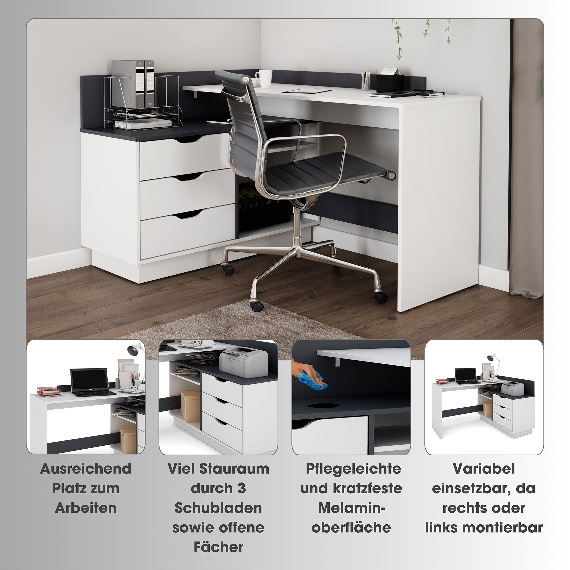 byLIVING Eckschreibtisch Bern, mit viel Stauraum, Breite 129 cm, rechts oder links montierbar