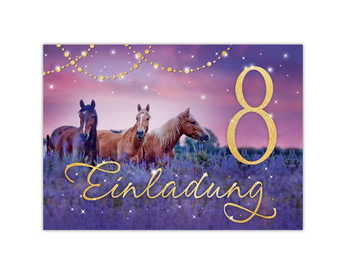 JUNAPACK Einladungskarten Pferd Einladungen zum Kindergeburtstag Fohlen lila Mädchen, Einladungskarten zum 8. Geburtstag mit Pferd Motiv