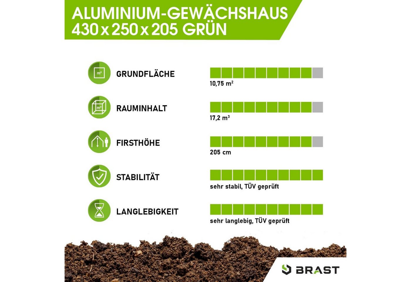 Thumbnail - BRAST Gewächshaus ALU mit Fundament rostfrei 430x250x205cm TÜV geprüft, BxTxH: 250 x 430 x 205 cm, wetterfestes hochwert...