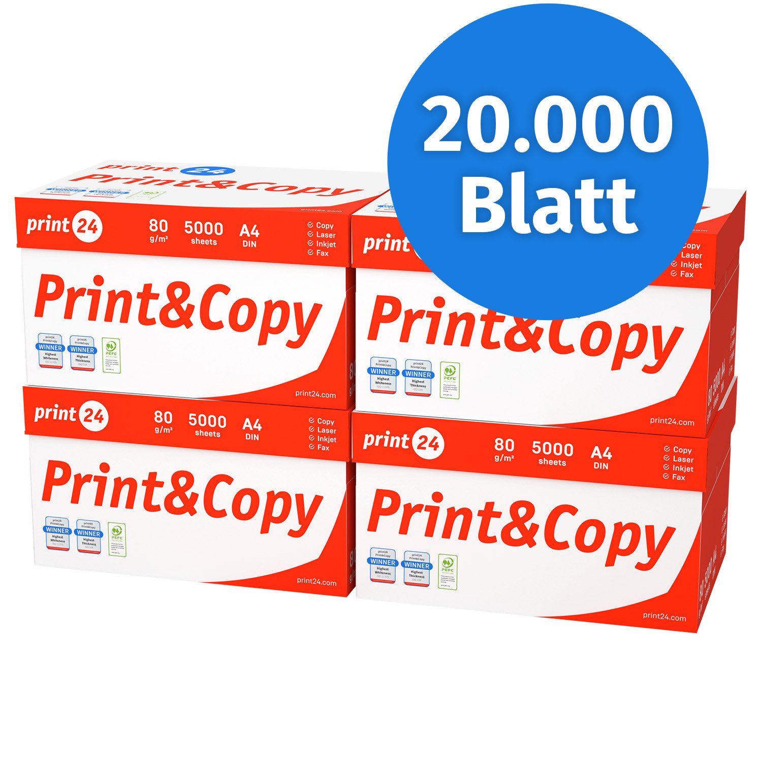 print24 Druckerpapier Kopierpapier 20000 Blatt A4 80g Premium Weiß PEFC zertifiziert