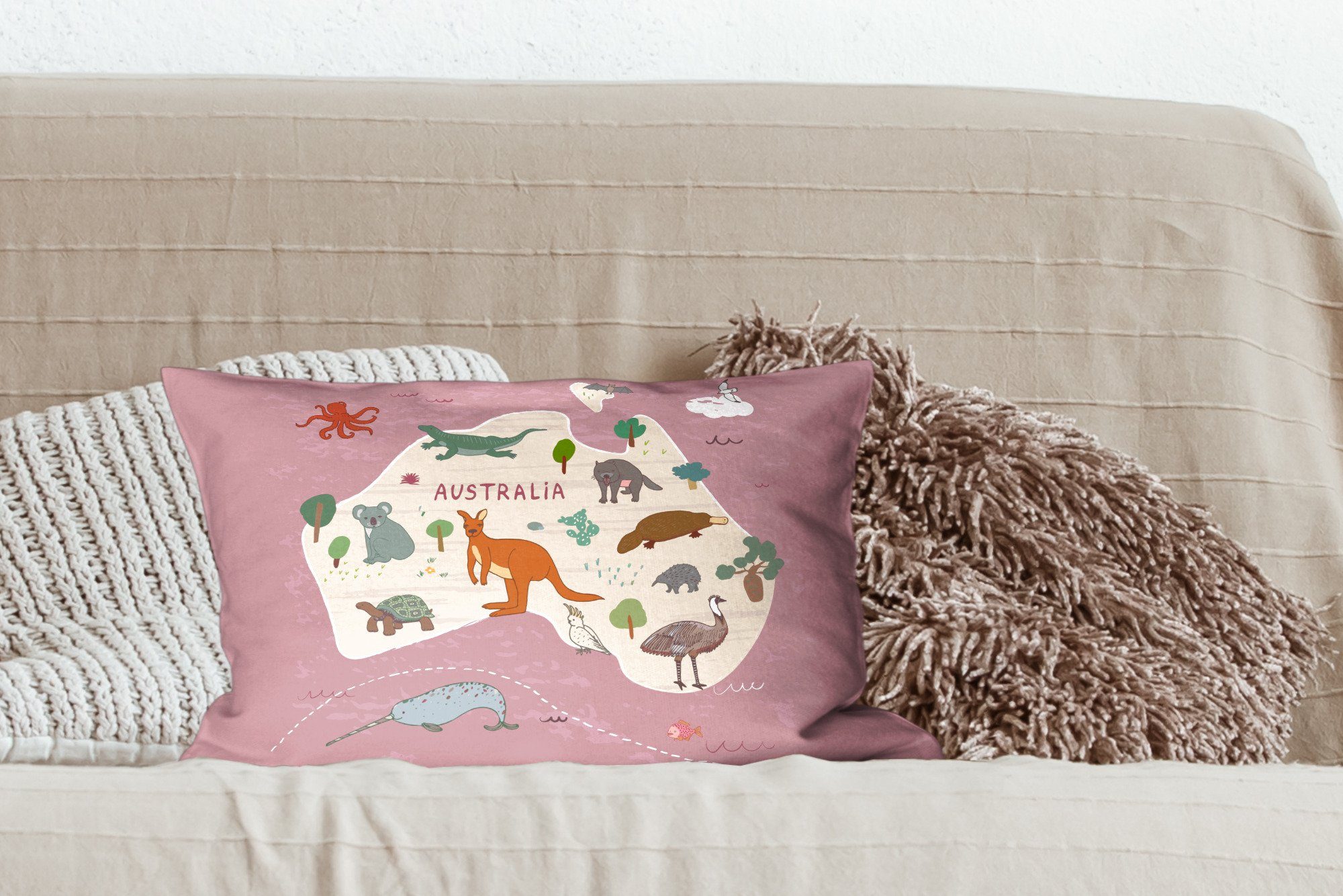 MuchoWow Dekoration, Kinder, - - - Schlafzimmer mit Füllung, - Wohzimmer Australien Weltkarte Tiere Zierkissen, - Kinder Mädchen Dekokissen Dekokissen