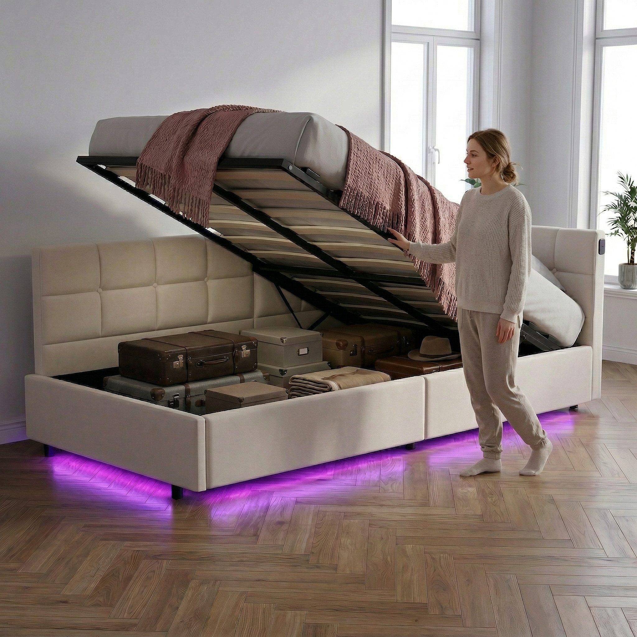 Gdood Polsterbett Daybett Jugendbett Tagesbett (1-tlg., Hydraulisch hebbarer Stauraum, Geeignet für Jungen und Mädchen), Mit LED-Beleuchtung, Ladefunktion, Samt, 90x200 cm