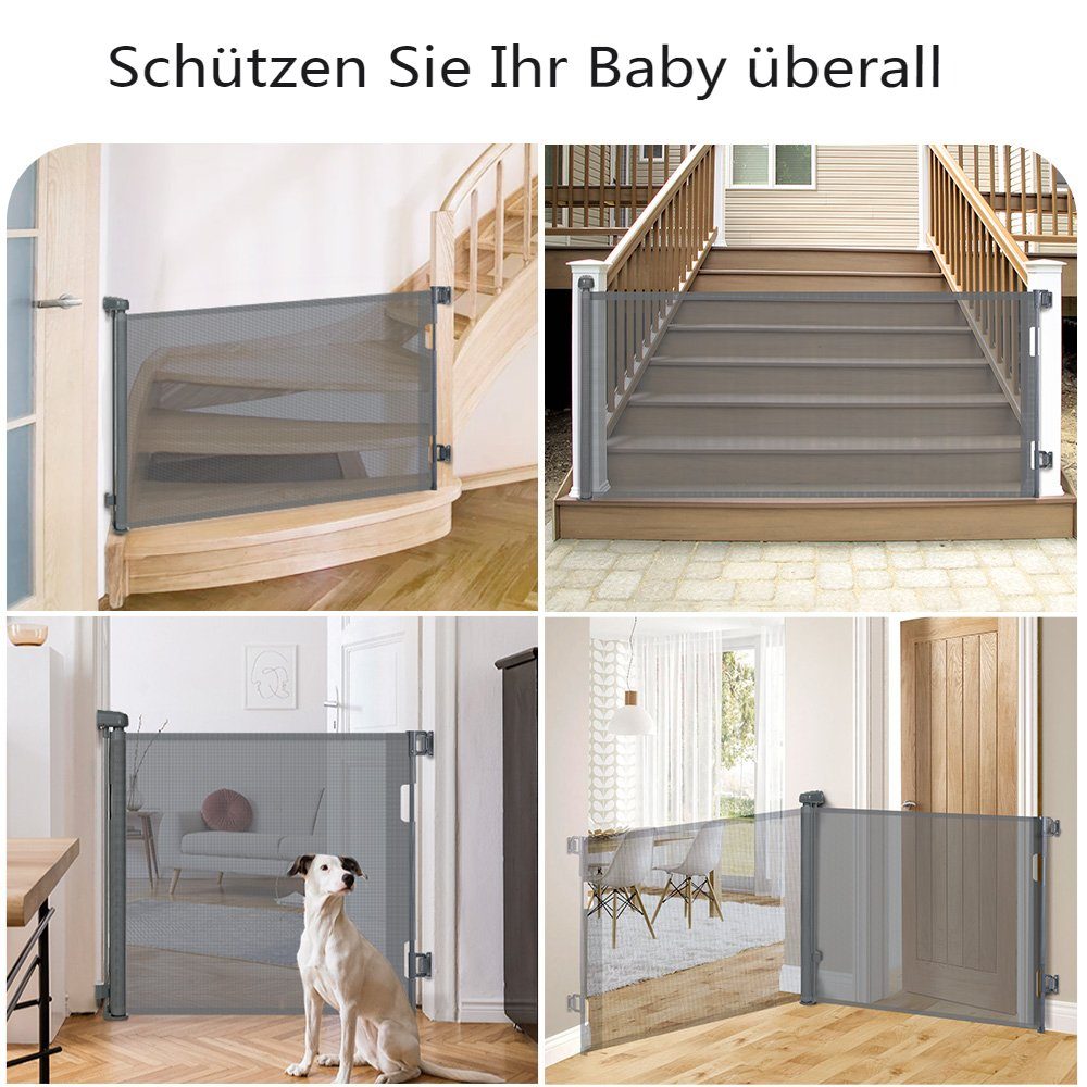 Automatische Türschutzgitter Treppenschutzgitter 0-180°, Grau 140/180cm (Baby Comomy Verriegelung), Einziehbar