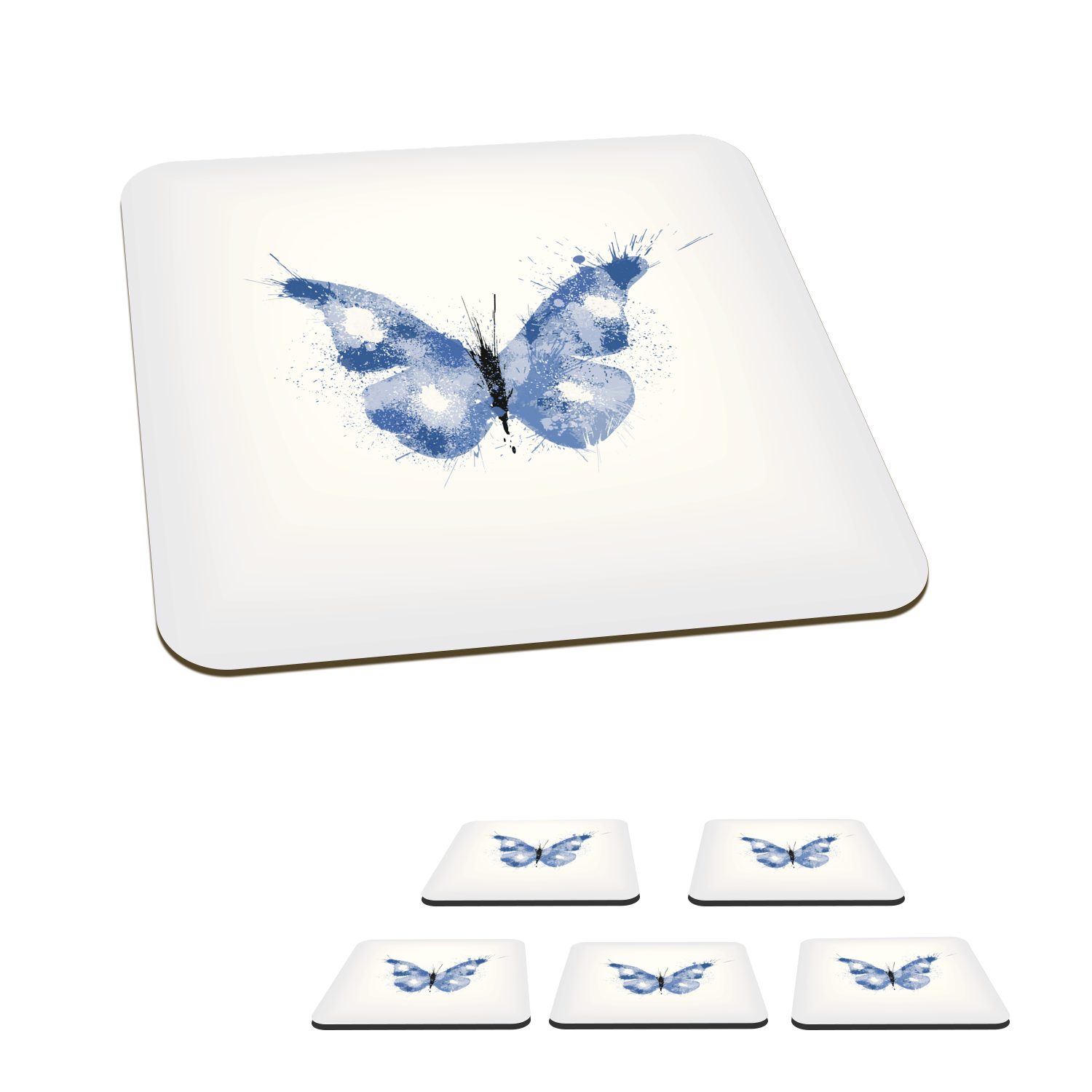 MuchoWow Glasuntersetzer Eine Illustration eines blauen Schmetterlings, Zubehör für Gläser, 6-tlg., Glasuntersetzer, Tischuntersetzer, Korkuntersetzer, Untersetzer, Tasse
