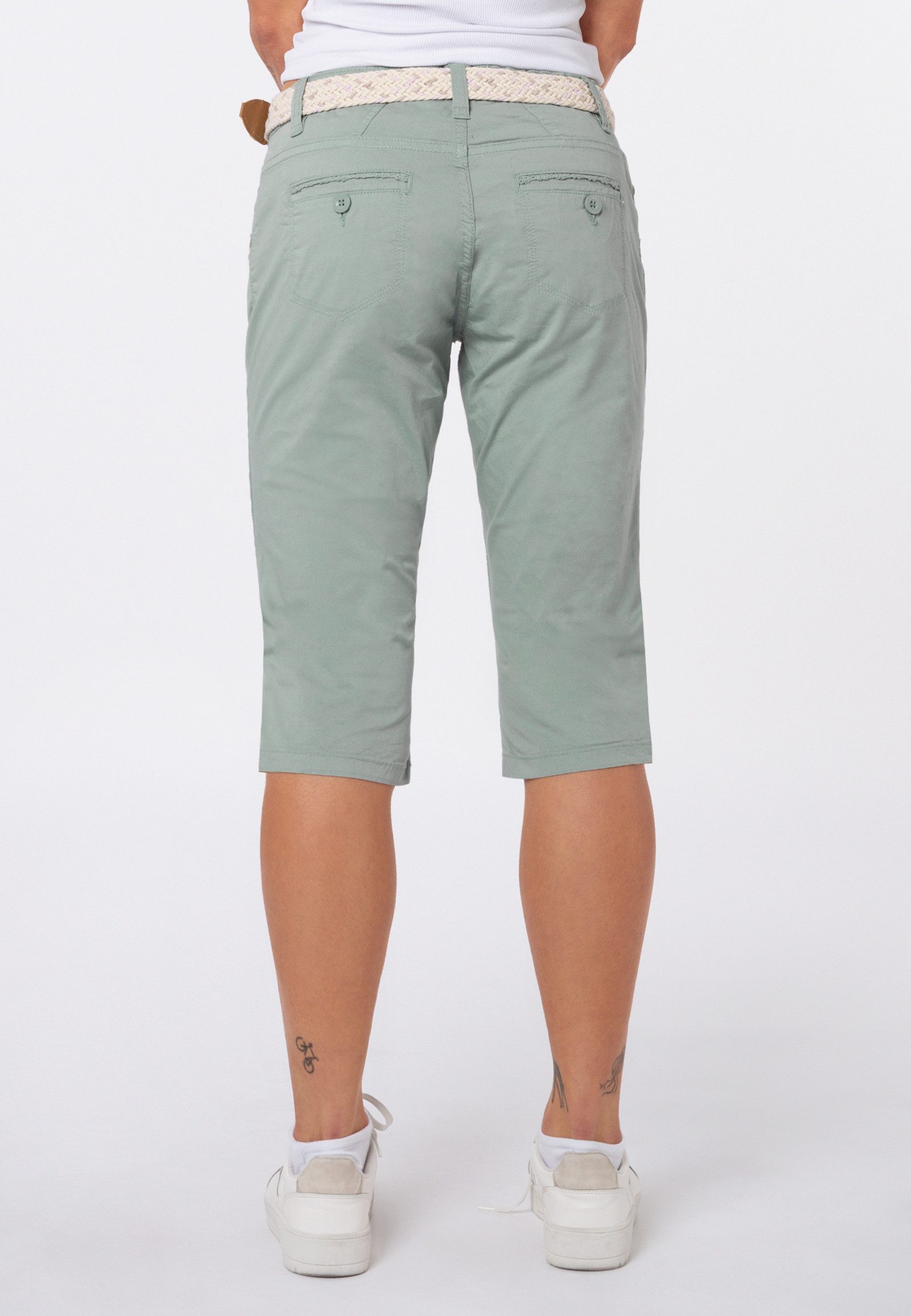 SUBLEVEL Caprihose Damen Stretch-Capri mit Gürtel Stretch-Twill-Shorts, knielang, Paper Touch